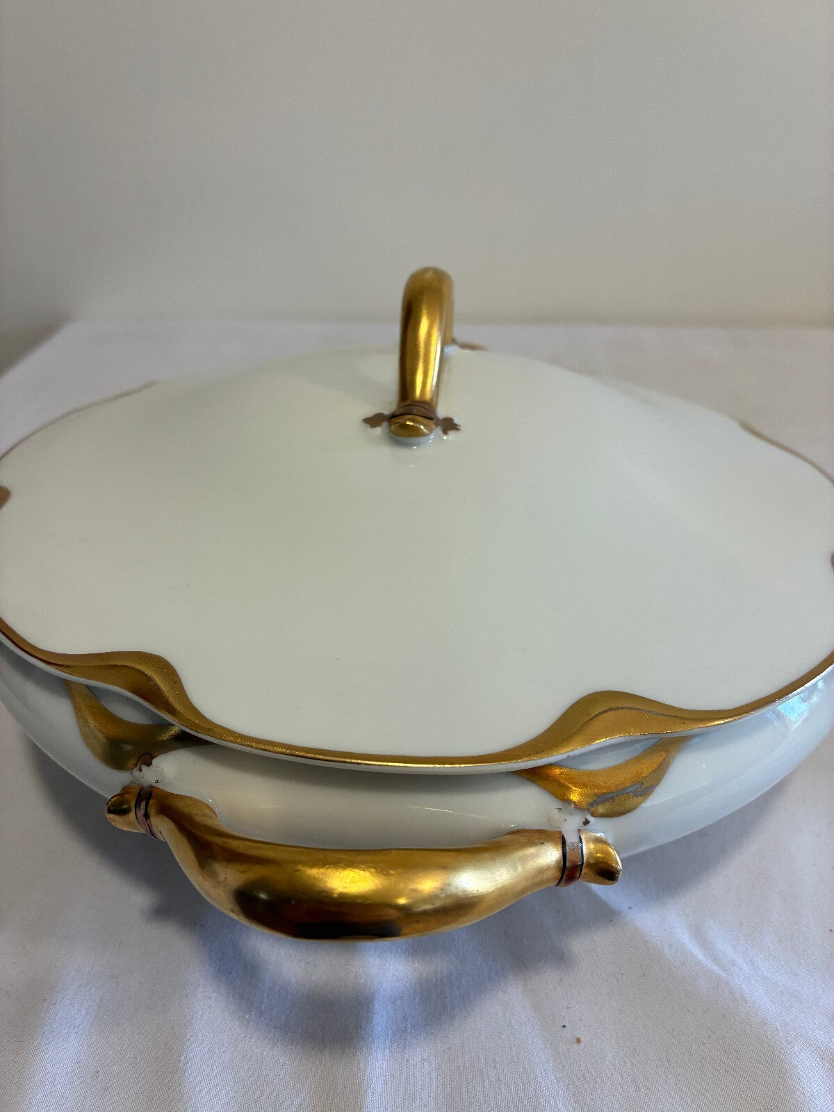 Antique Haviland Limoges Covered Tureen, White & Gold Handled Serving Dish