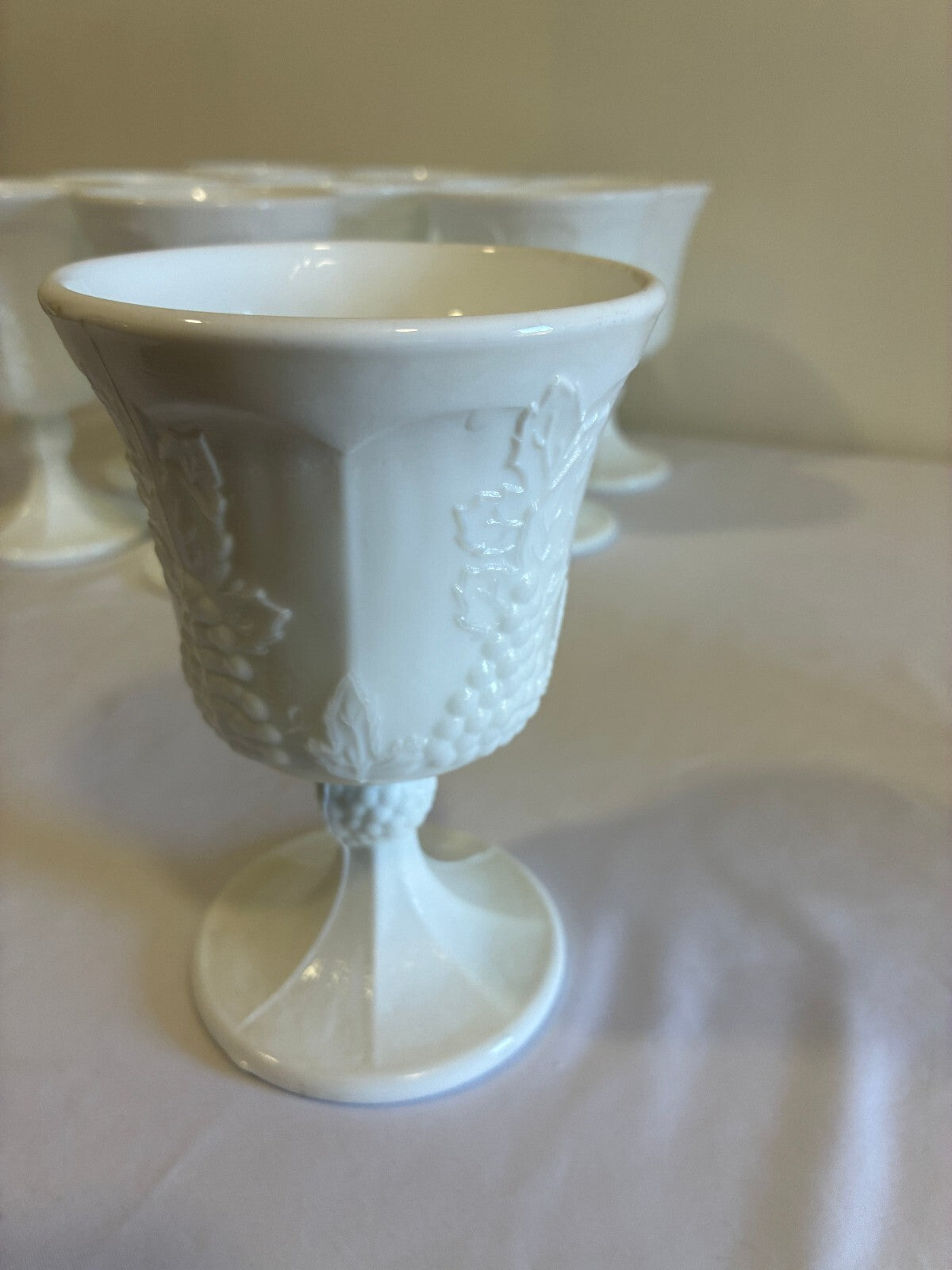 Vintage Milk Glass Goblets Set of 9, White Grape Vine Pattern w/ Pedestal Base