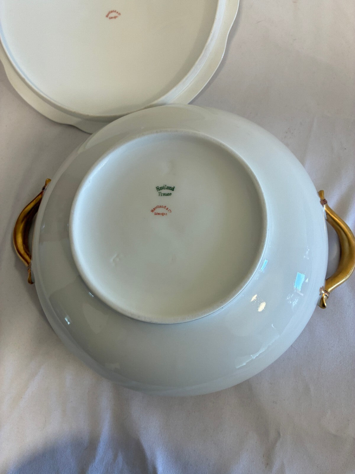 Antique Haviland Limoges Covered Tureen, White & Gold Handled Serving Dish