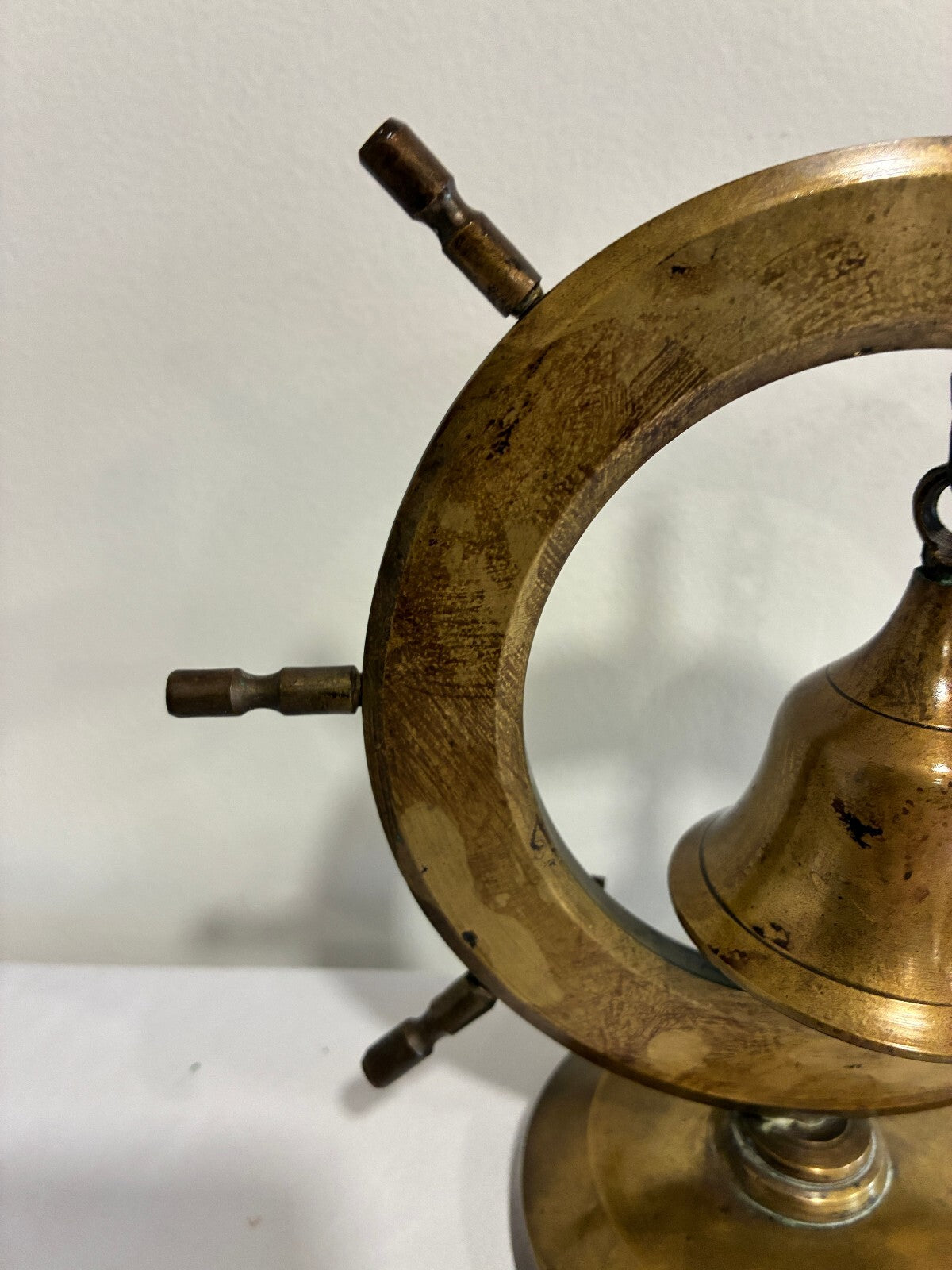 Vintage Brass Ship Wheel Bell on Stand, Nautical Desk or Counter Bell, India