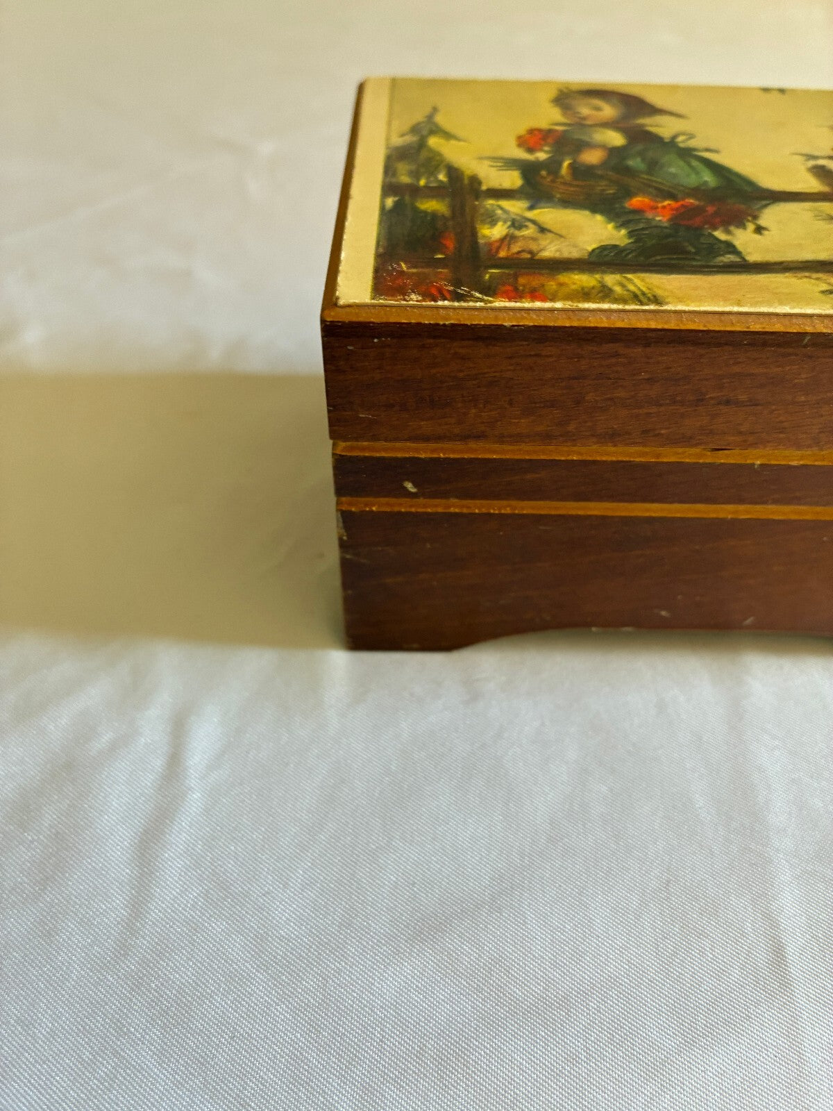 Vintage Reuge Swiss Music Box | Hummel Style Girl Print Wooden Trinket Box
