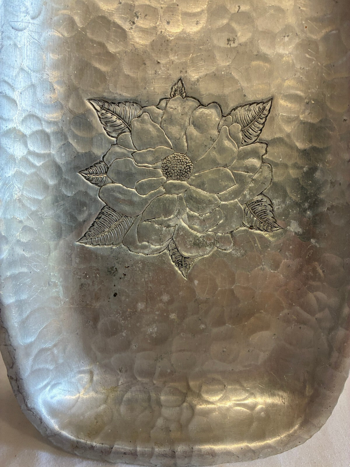 Vintage Farberware Wrought Aluminum Tray | Etched Flower Hammered Serving Dish