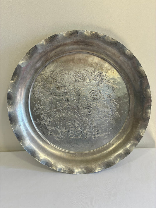Vintage Federal Silver Co Aluminum 13.1" Round Floral Engraved Serving Tray