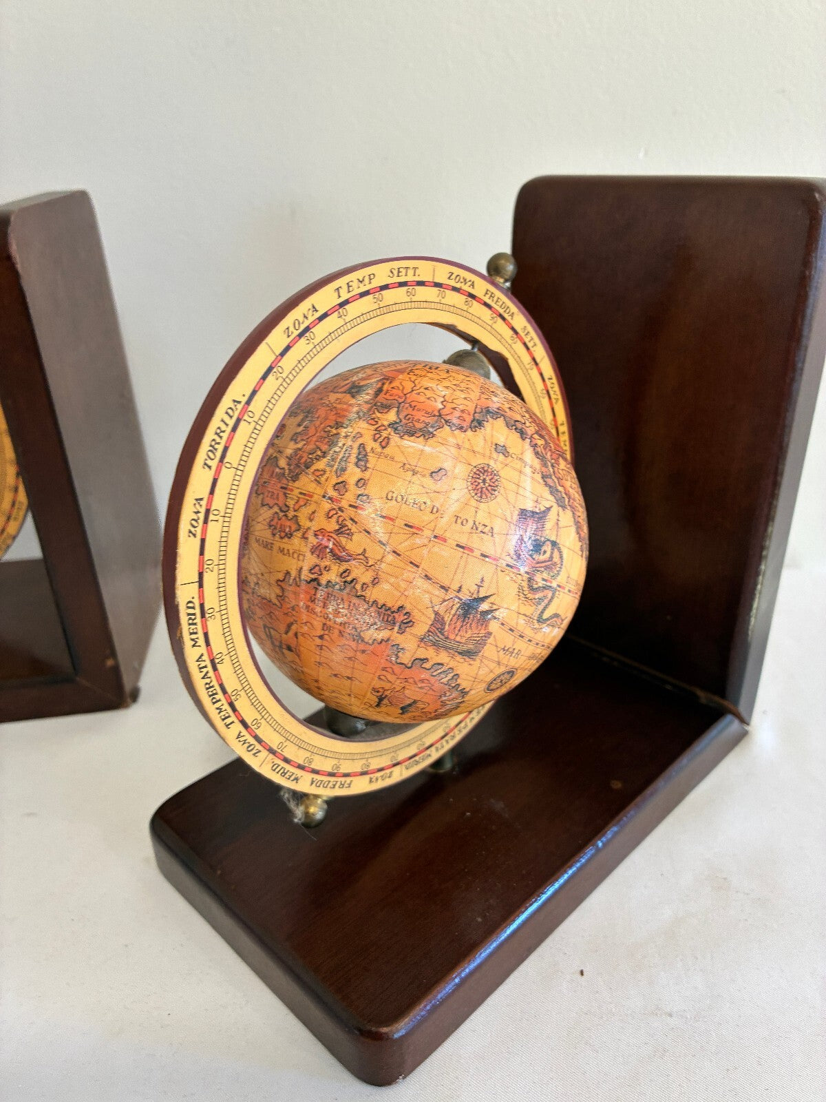 Vintage Pair of Old World Globe Bookends, Wood Bookends with Map Globes