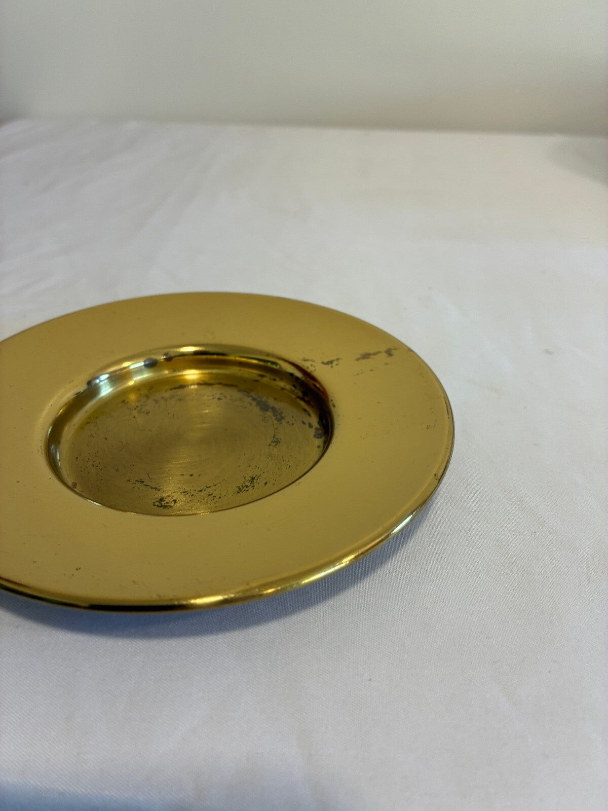 Vintage Solid Brass  Candle Holder Round Brass Trinket Dish Mid Century