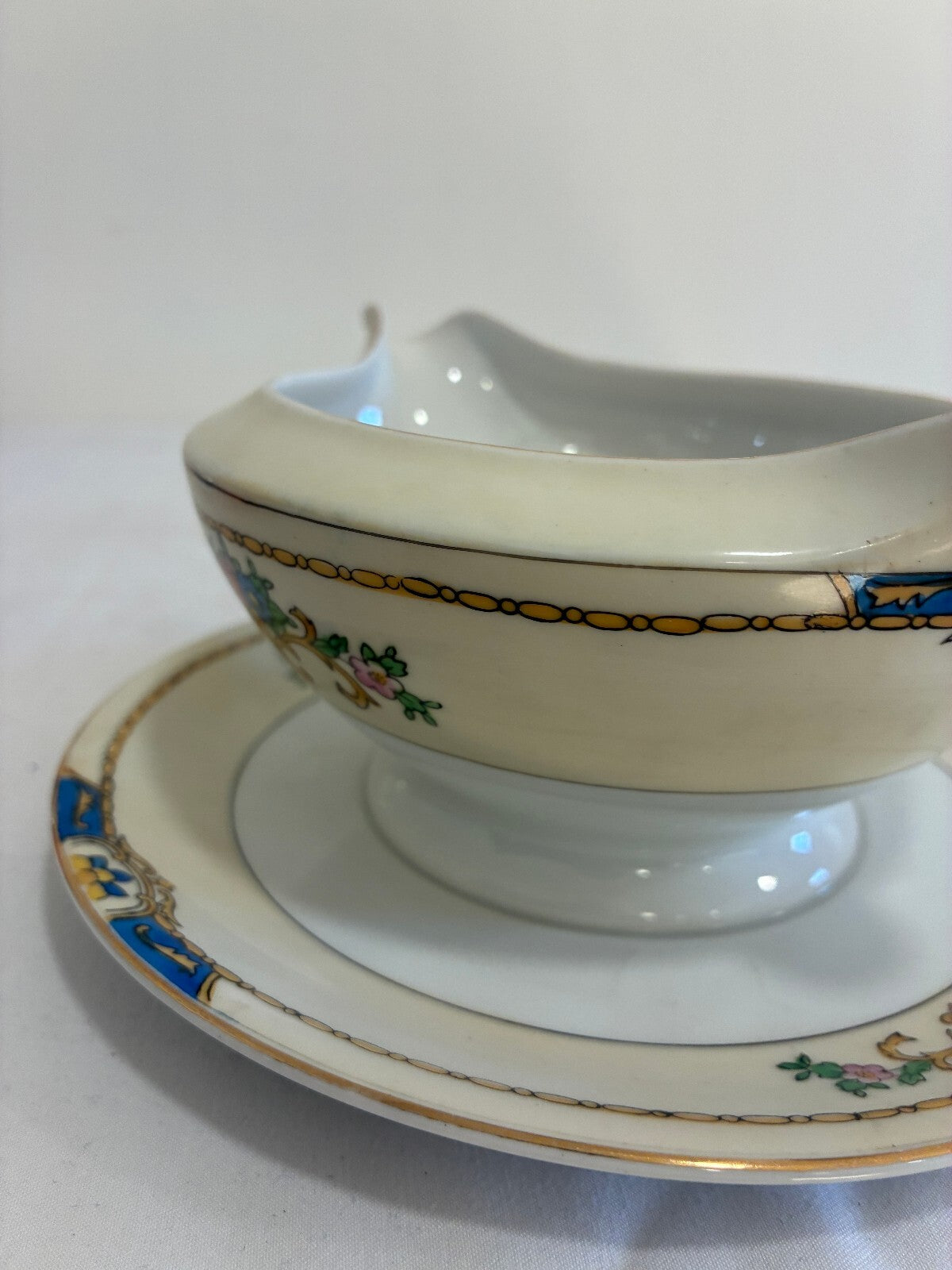 Vintage Meito China Warren Gravy Boat with Attached Underplate, Blue and Gold