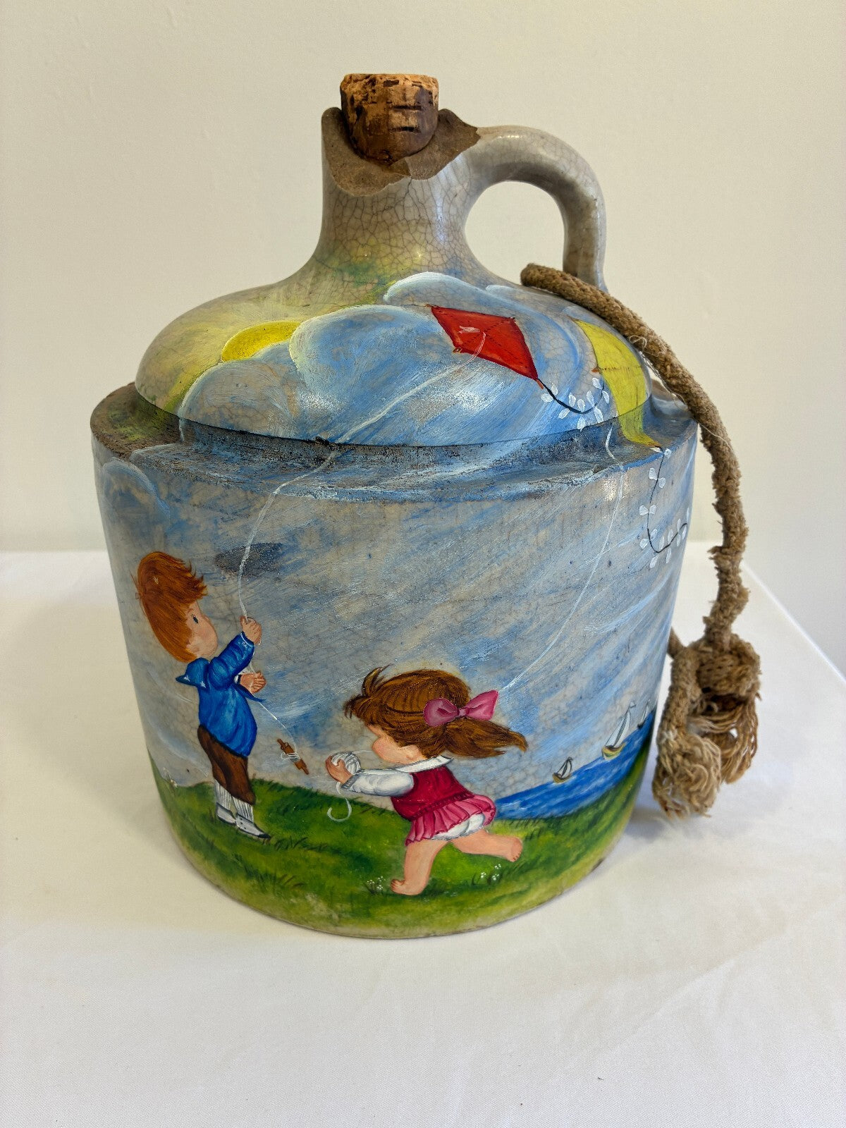 Vintage Hand Painted Ceramic Jug Decanter | Folk Art Children Flying Kites