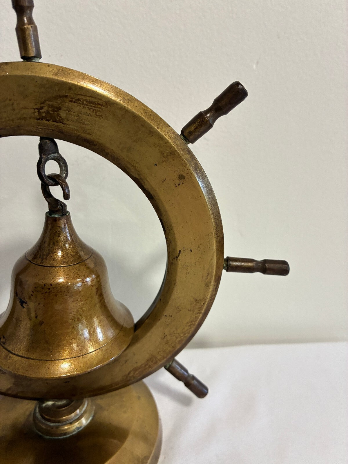 Vintage Brass Ship Wheel Bell on Stand, Nautical Desk or Counter Bell, India