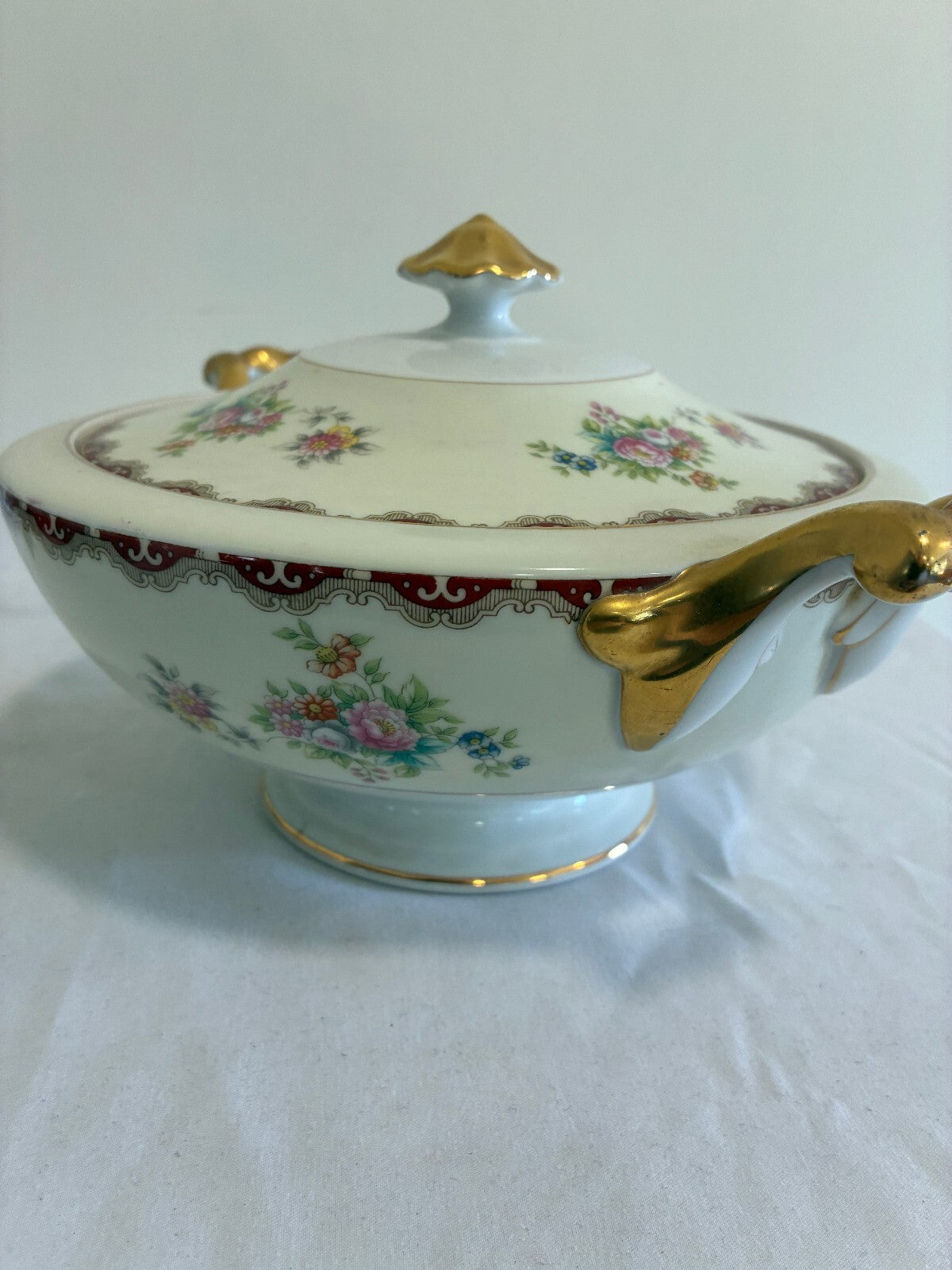 Vintage Meito China Celestine Covered Dish, Serving Tureen with Gold Handles