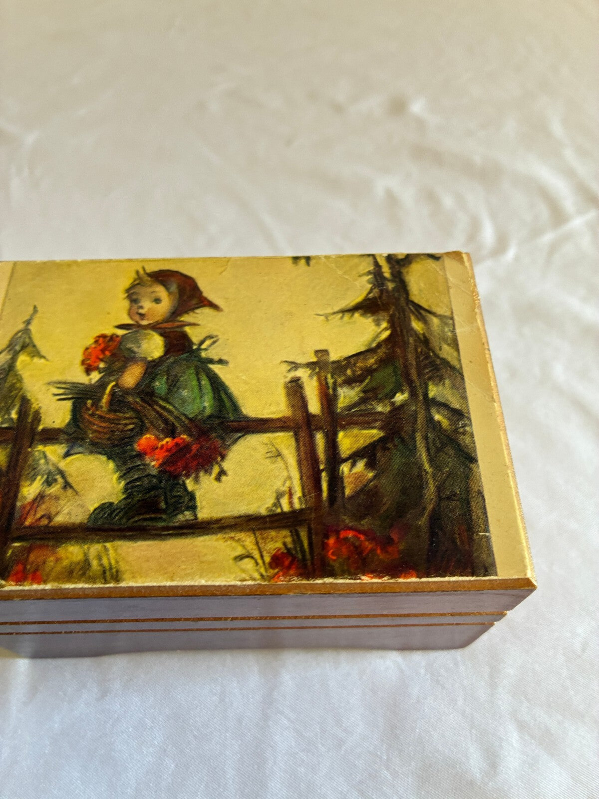 Vintage Reuge Swiss Music Box | Hummel Style Girl Print Wooden Trinket Box