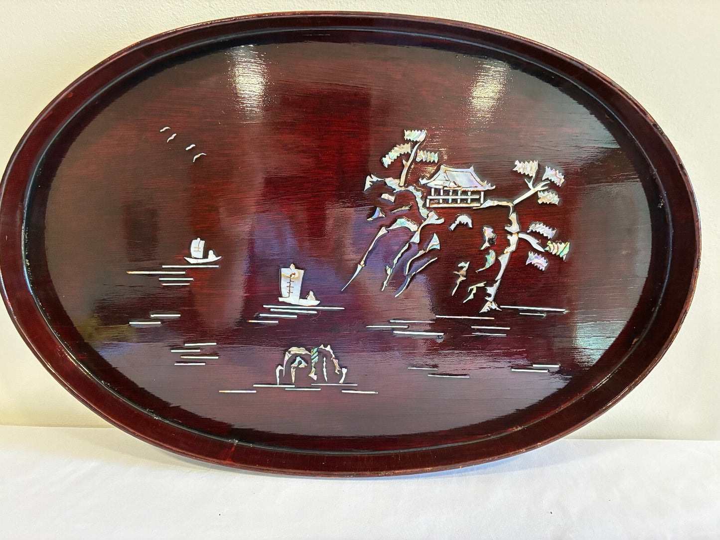 Asian Lacquer Mother of Pearl Inlay Tray | Oval Wood Landscape Scene