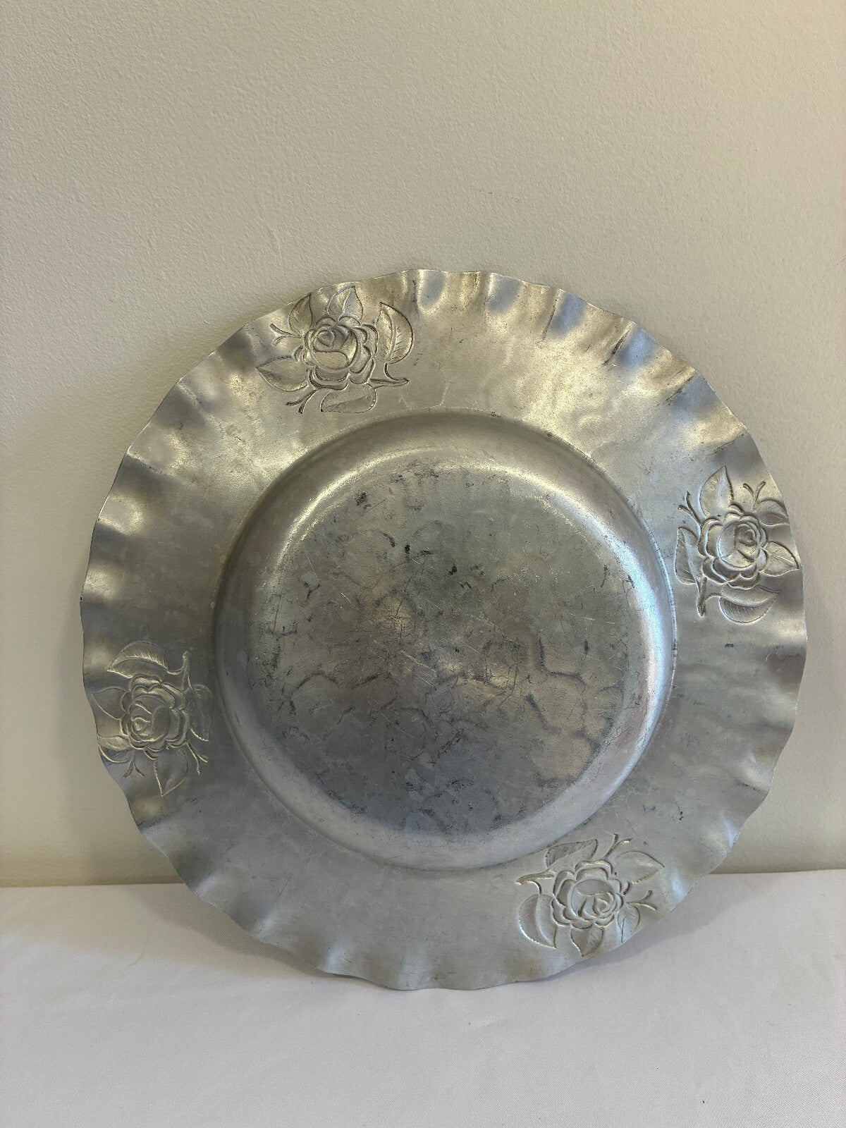 Vintage Hammered Aluminum Bowl | Hand Chased Rose Design Ruffled Rim