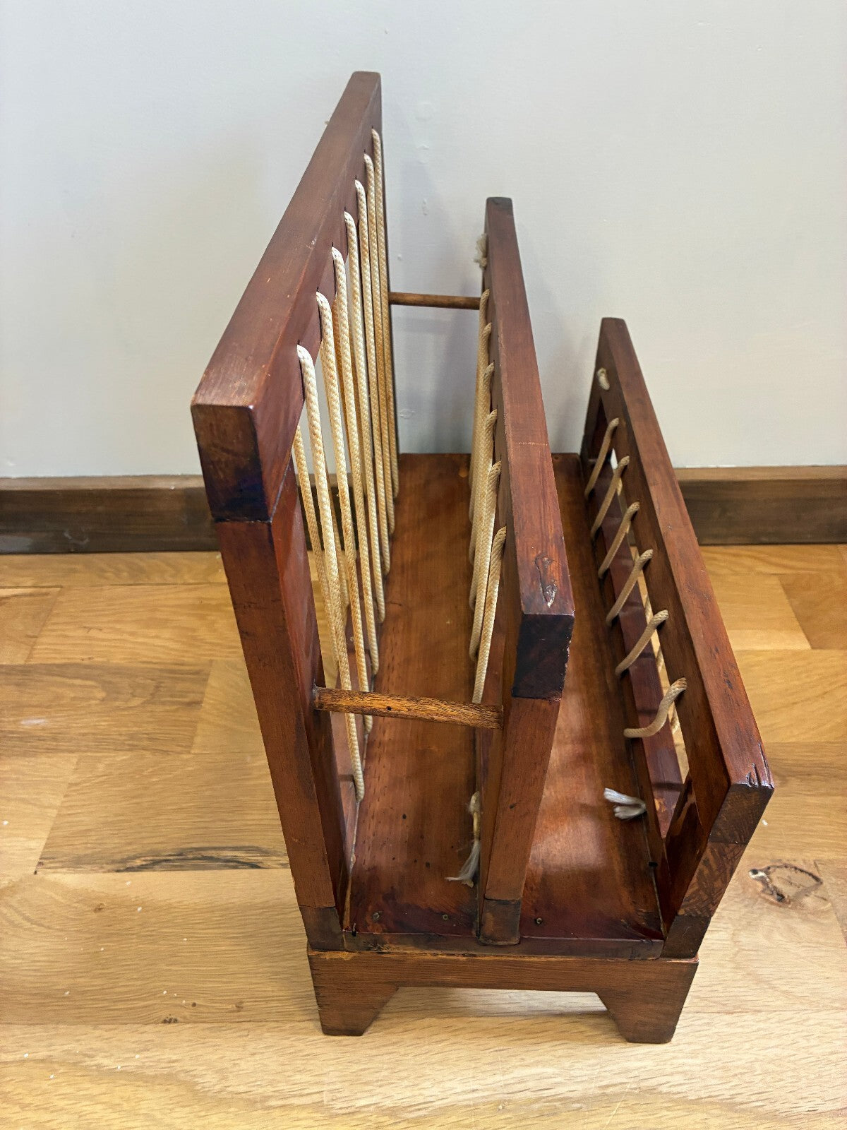 Vintage Wood Magazine Rack, Rope Laced Danish Modern Style, Mid Century Wood