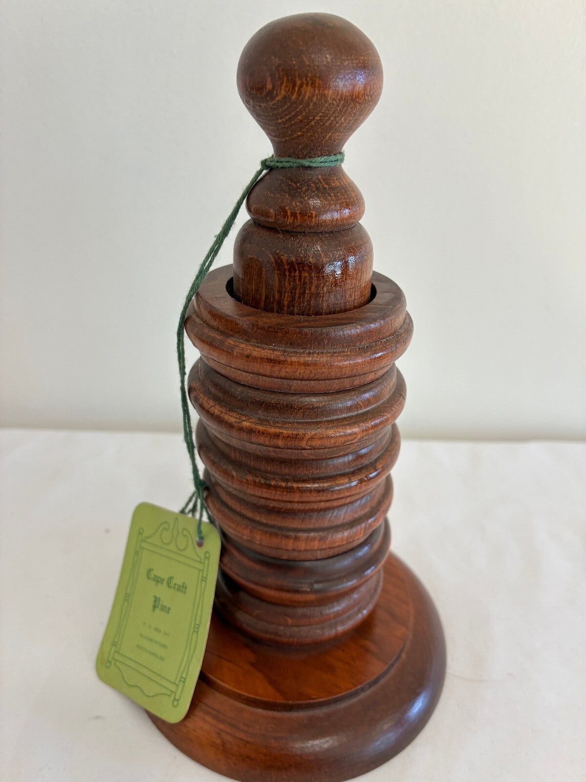 Vintage Wood Napkin Ring Holder Stand with Turned Rings, Cape Craft Pine, USA