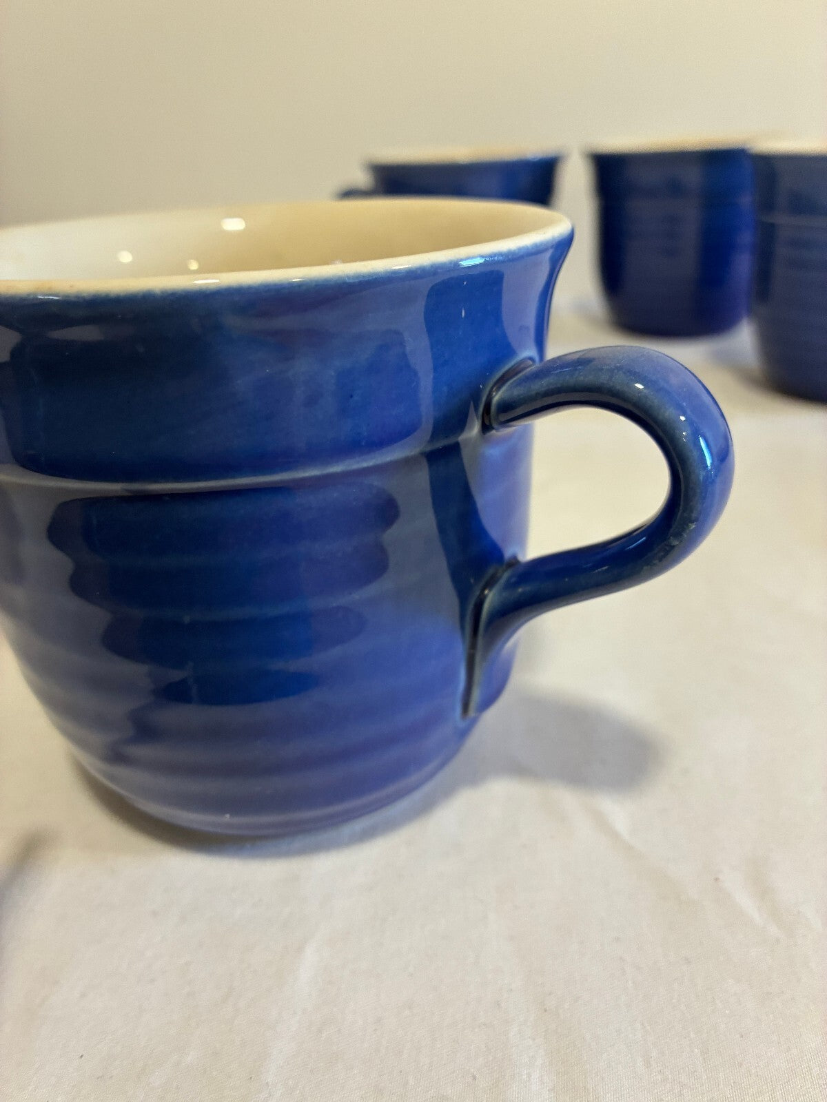 Vintage Emile Henry France Cobalt Blue Mugs Set of 4, Ribbed Stoneware Cups