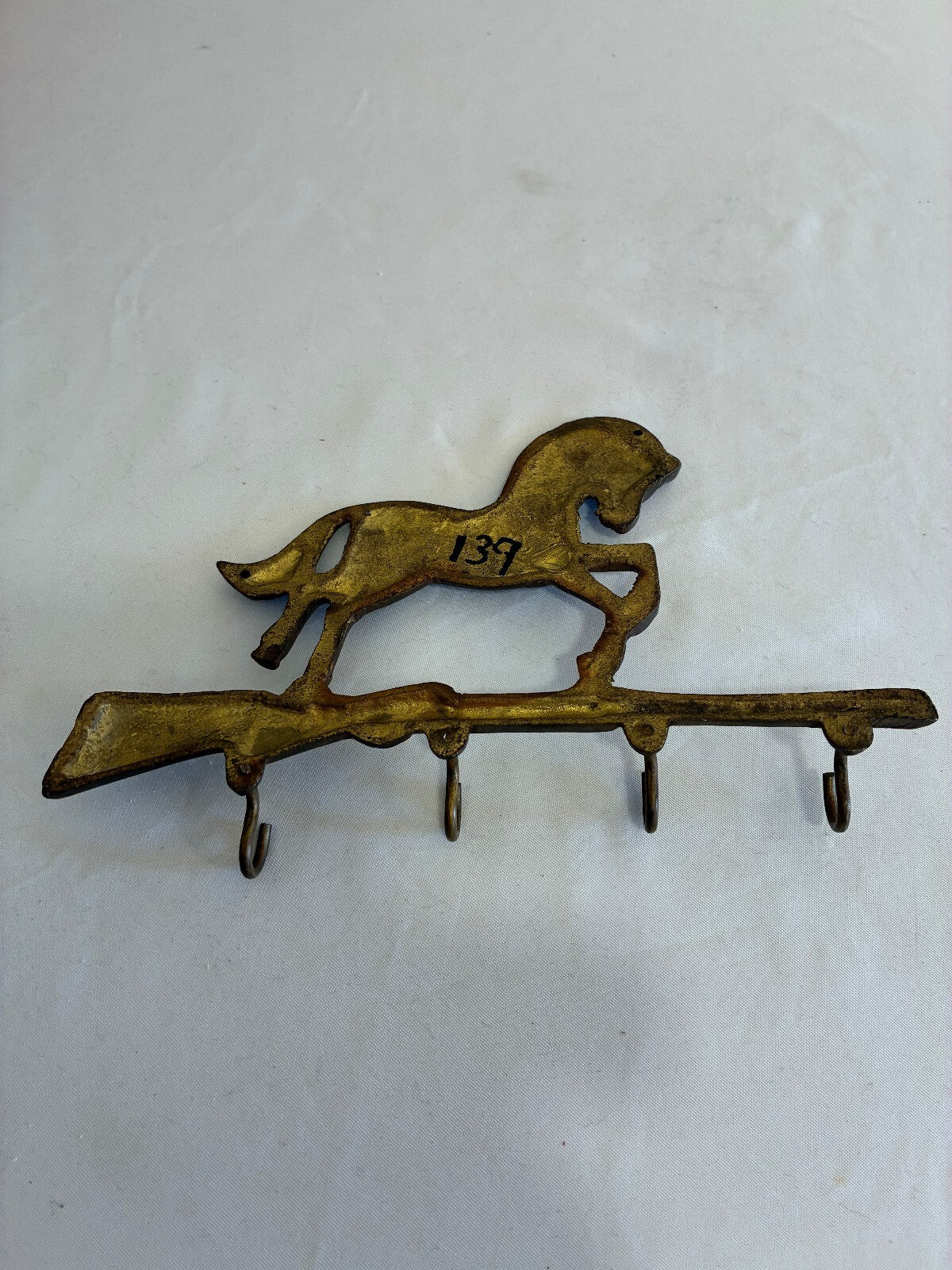 Vintage Brass Horse Key Hook, 4 Hook Wall Rack with Horse & Rifle Western Design