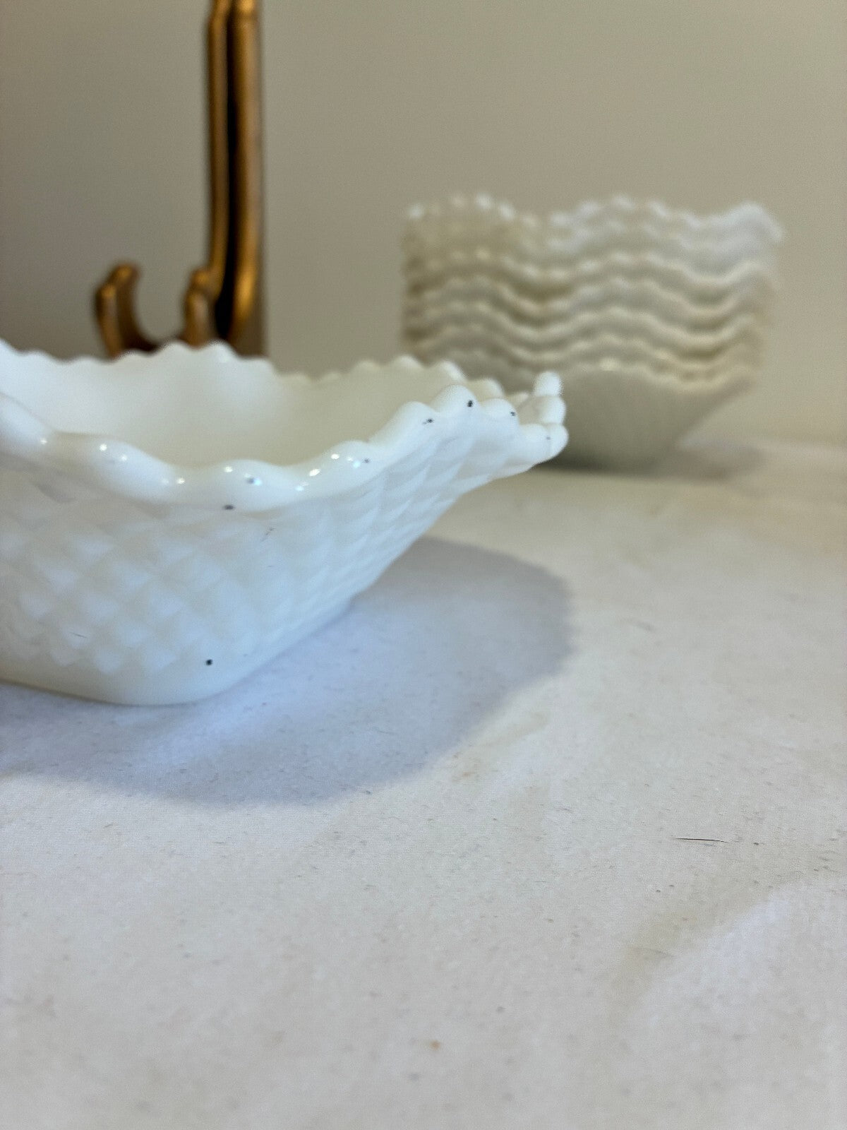 Vintage Milk Glass Ruffled Bowls Set of 8 | Quilted Diamond Pattern White Glass