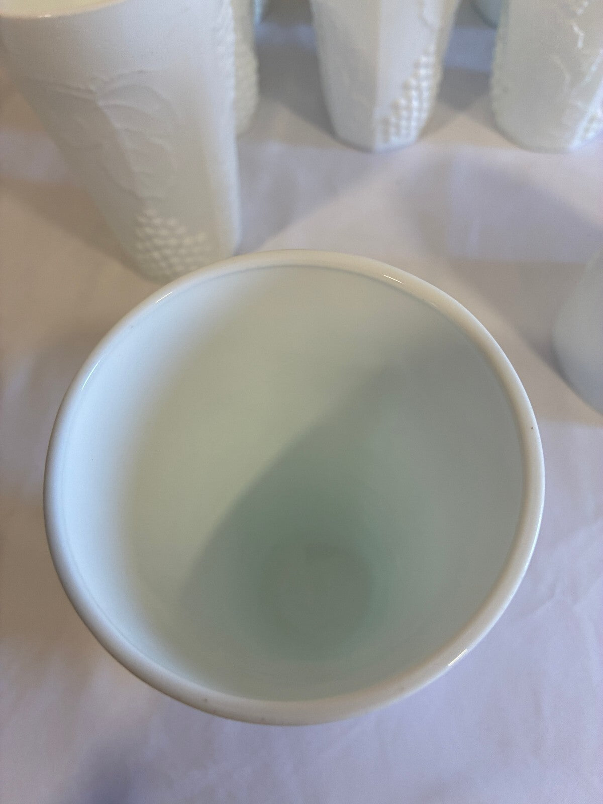 Vintage Milk Glass Tumblers Set of 9 Grape Vine Pattern White Drinking Glasses