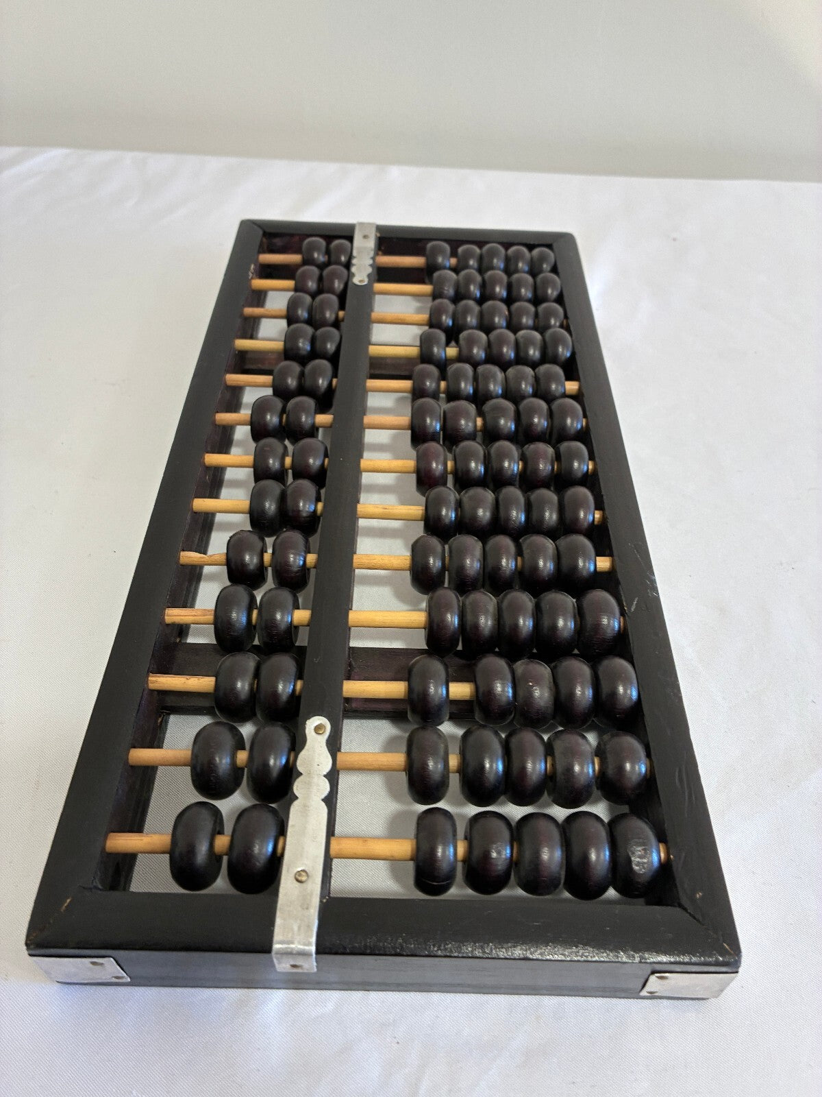 Vintage Asian Wood Abacus, Black with Metal, 13-Rod Counting Frame, Black Beads