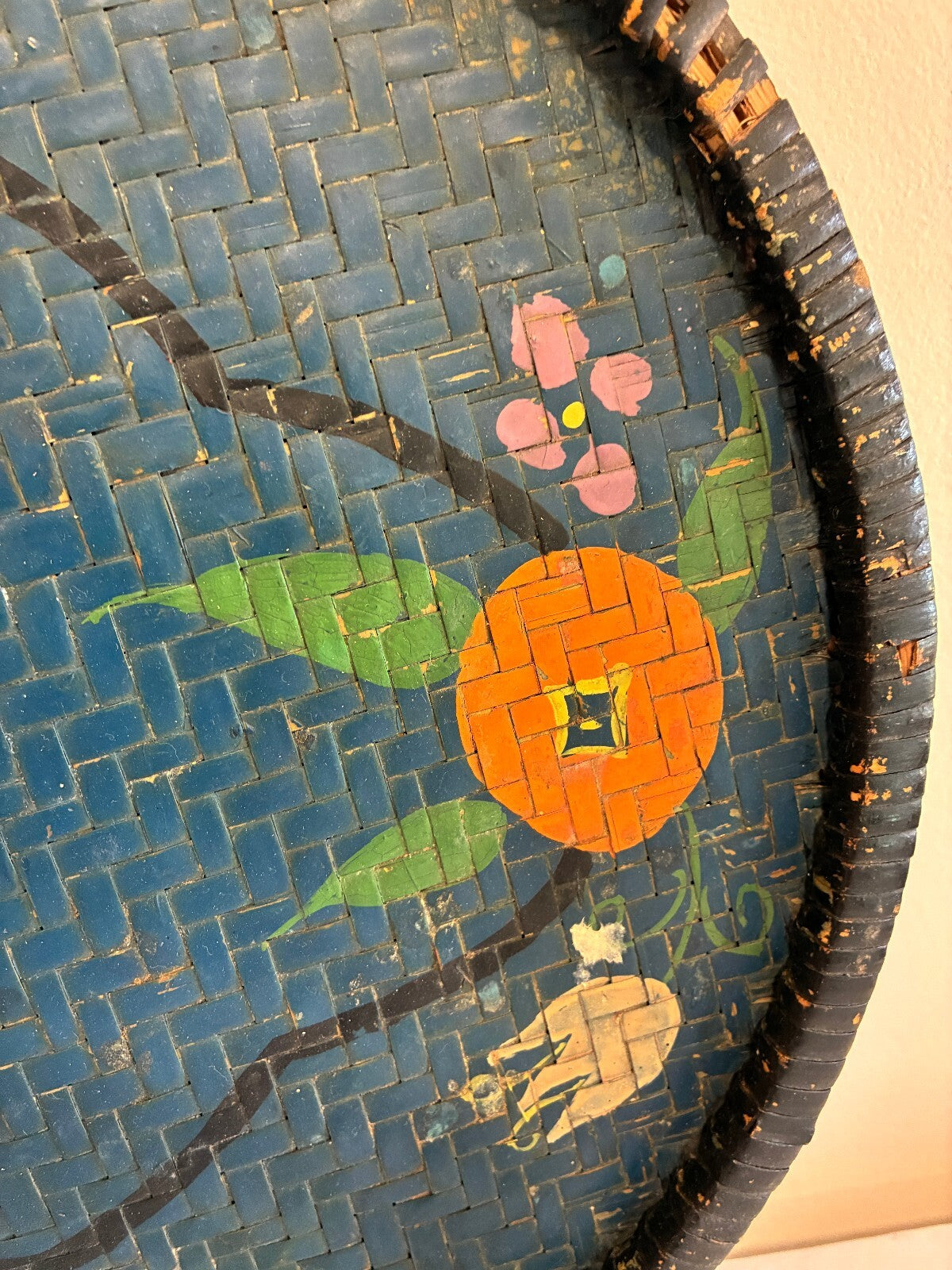 Vintage Woven Basket Tray Painted Oranges Floral