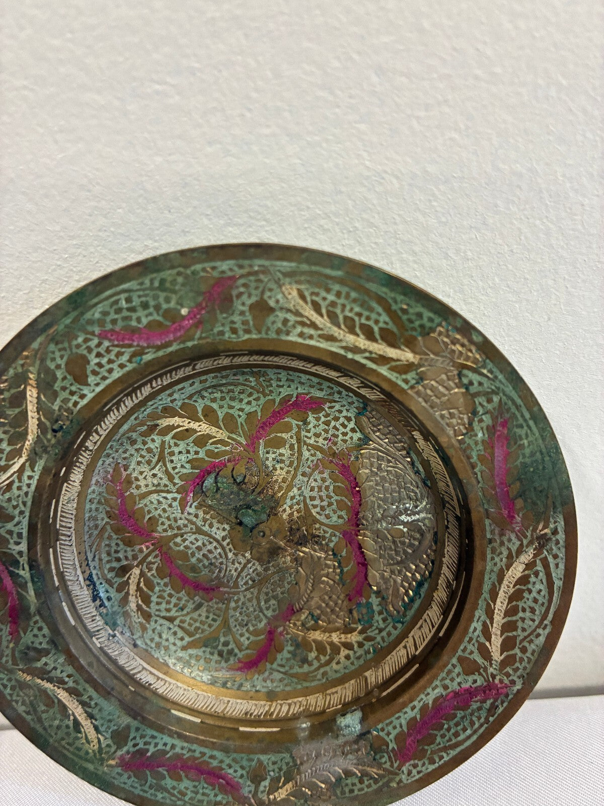 Vintage Indian Brass Dish, Etched Floral Enamel Trinket Dish, Boho Catchall
