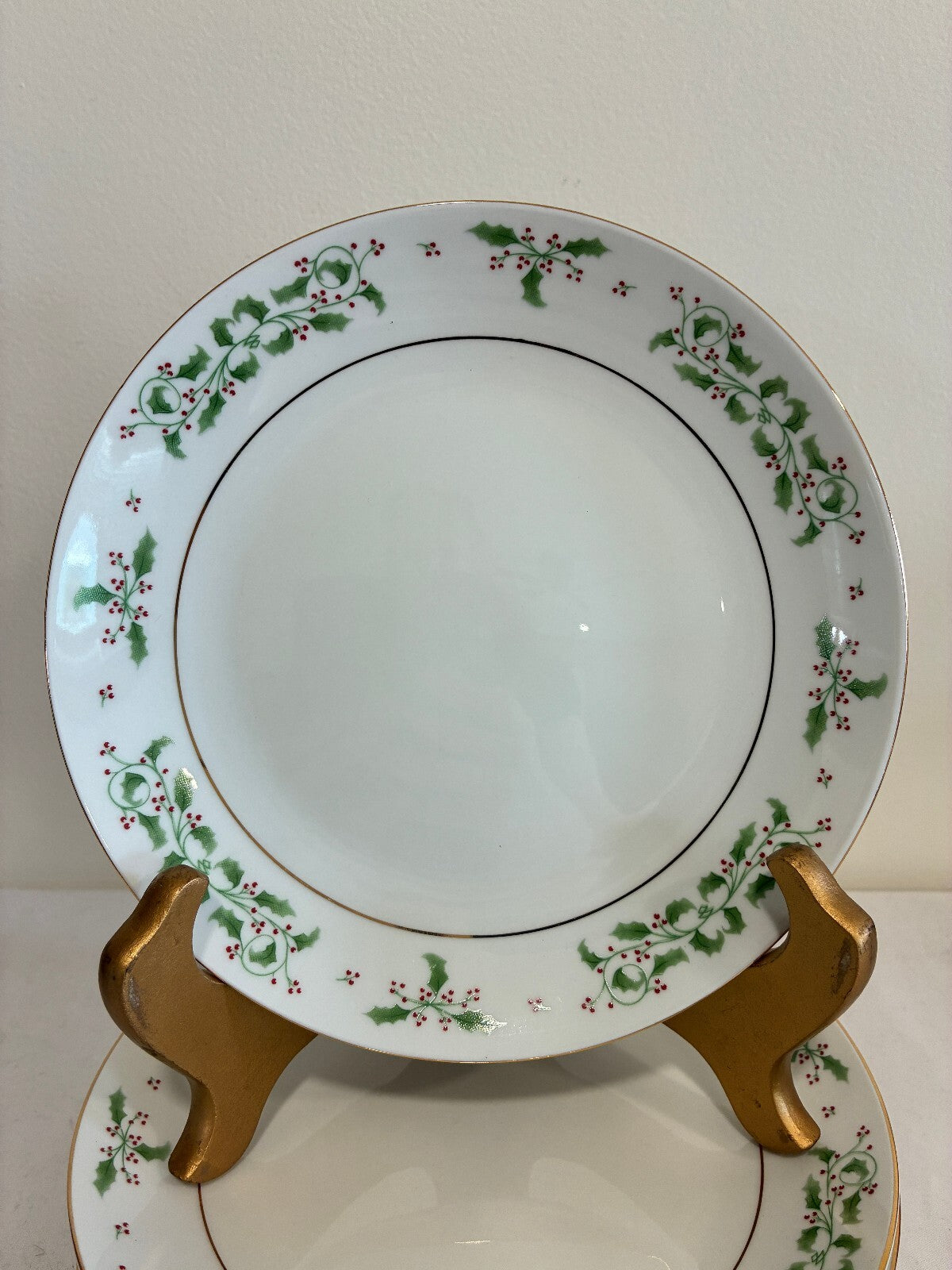 Vintage Holly Berry Christmas Dessert Plates With Gold Trim, Set of 6