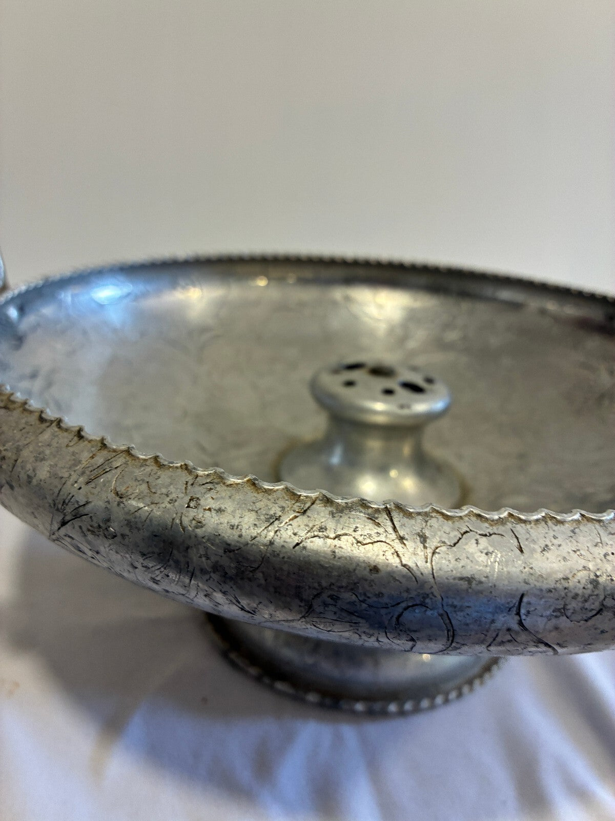 Vintage Hammered Aluminum Nutcracker Bowl,Etched Floral Handled Centerpiece Bowl