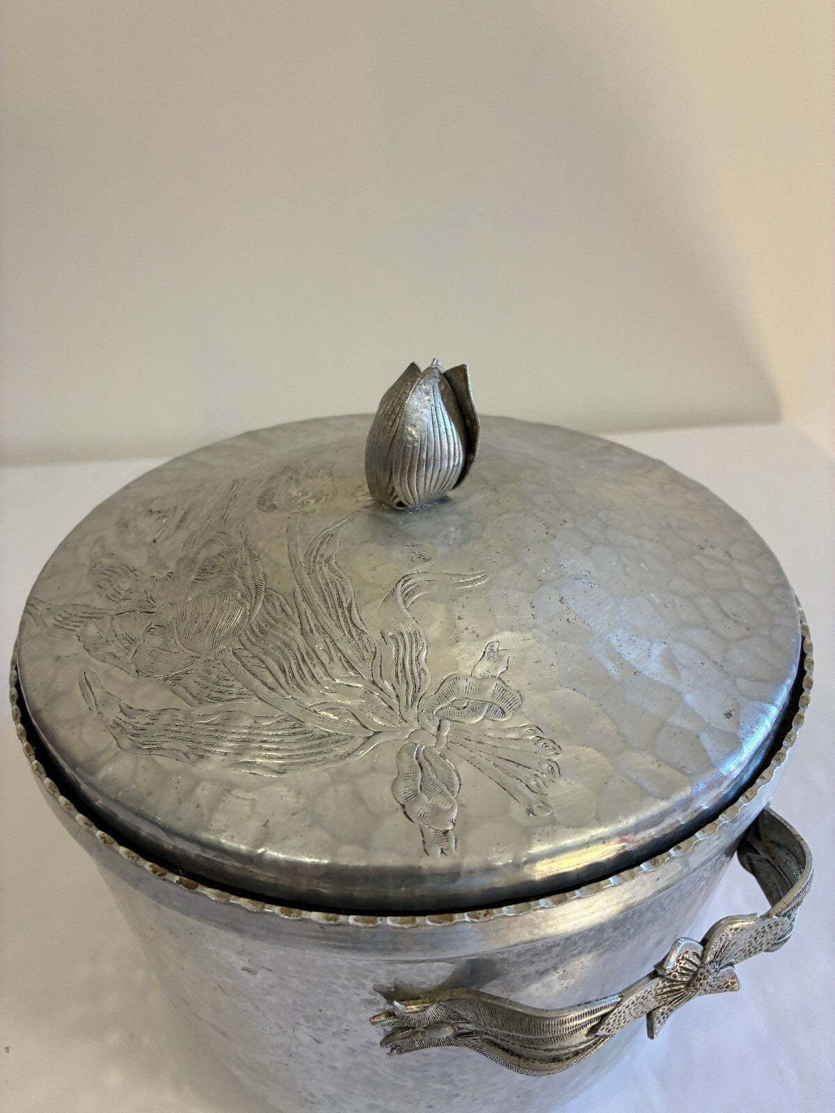 Vintage Hammered Aluminum Lidded Ice Bucket | Tulip Finial Floral Handles