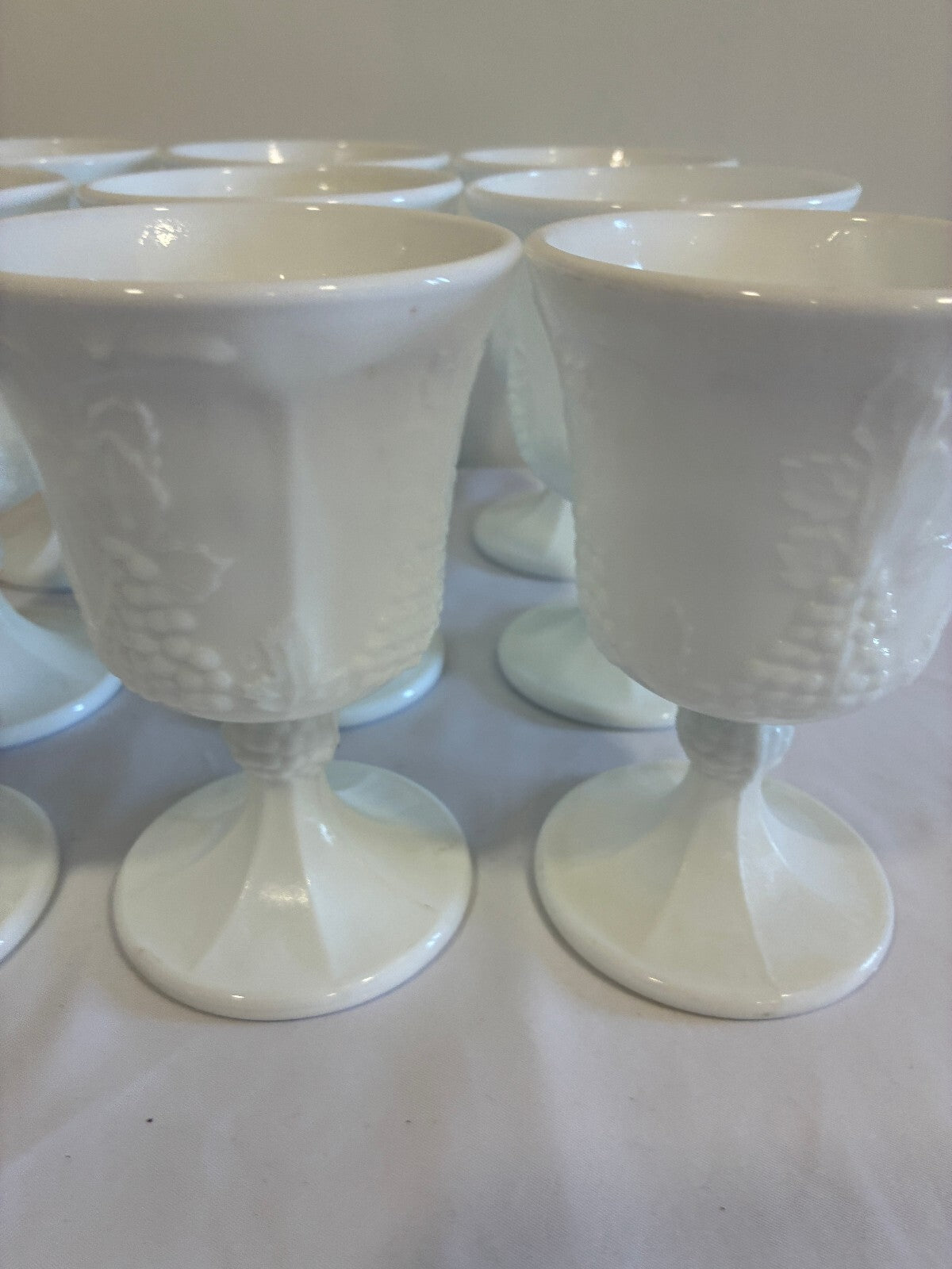 Vintage Milk Glass Goblets Set of 9, White Grape Vine Pattern w/ Pedestal Base