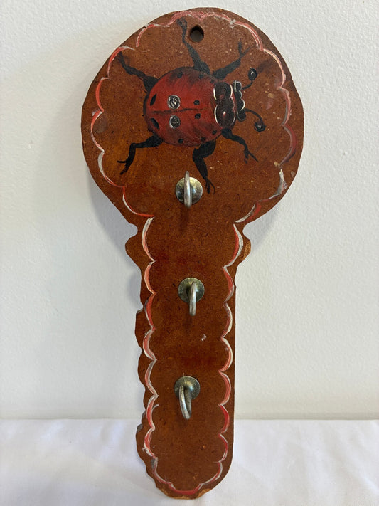 Vintage Hand Painted Ladybug Wall Hook Rack, Folk Art Wooden Key Holder, Rustic Cottagecore Wall Decor, Ladybug Organizer