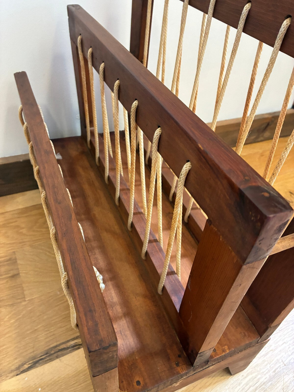 Vintage Wood Magazine Rack, Rope Laced Danish Modern Style, Mid Century Wood