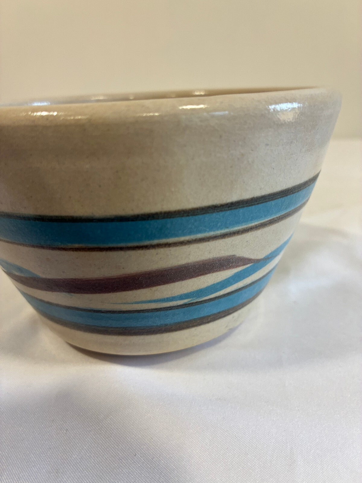 Vintage Studio Pottery Bowl, Hand Painted Blue Stripe Design, Signed