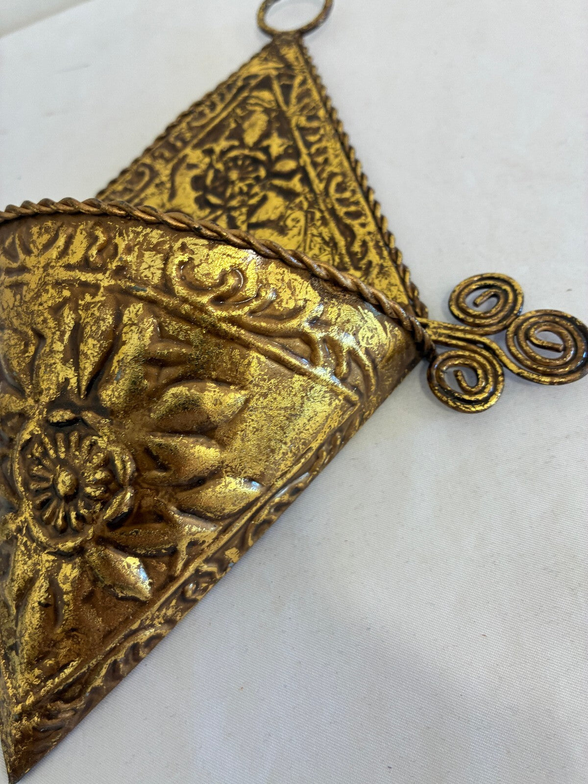 Vintage Hosley Gold Wall Pocket, Embossed Floral Hanging Vase