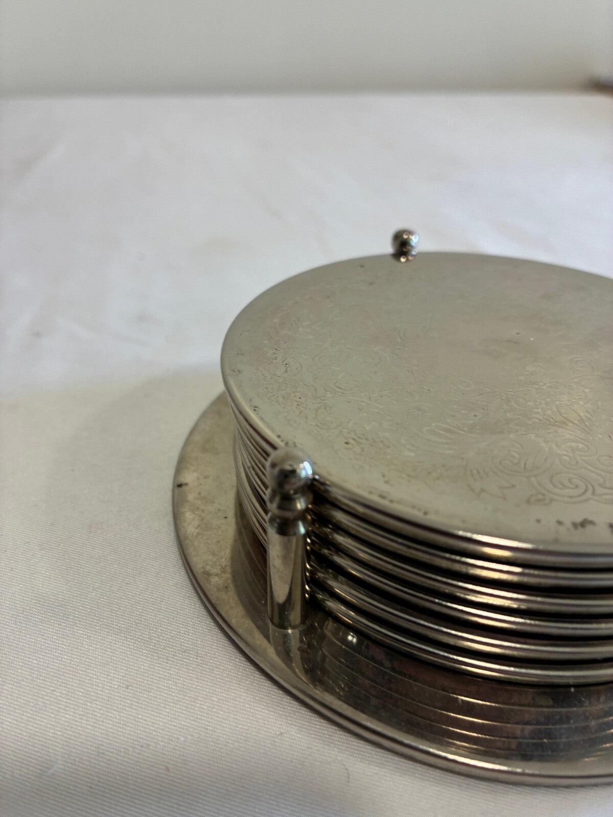 Vintage Set of 6 Silver Coasters with Holder Engraved Floral