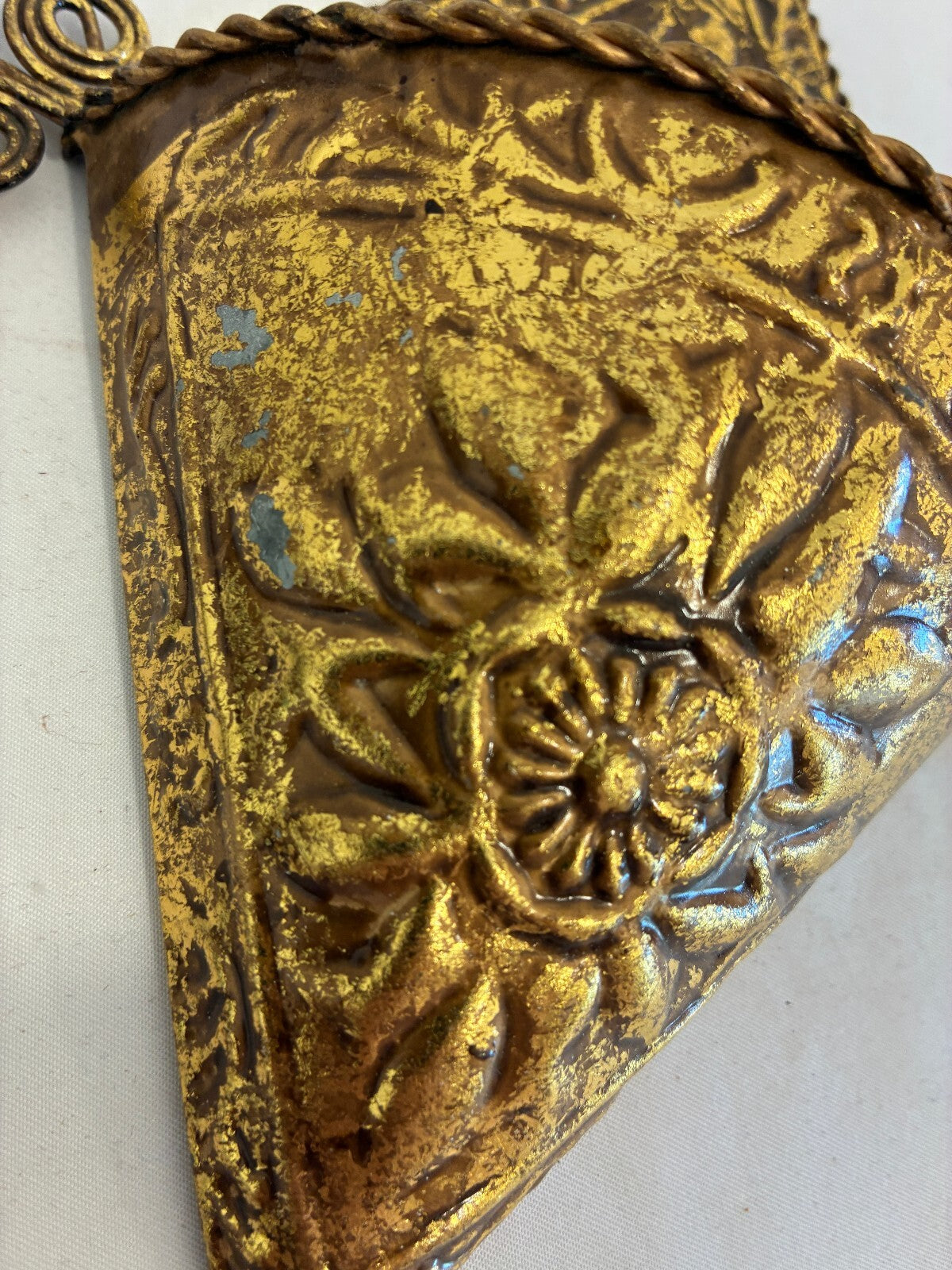 Vintage Hosley Gold Wall Pocket, Embossed Floral Hanging Vase