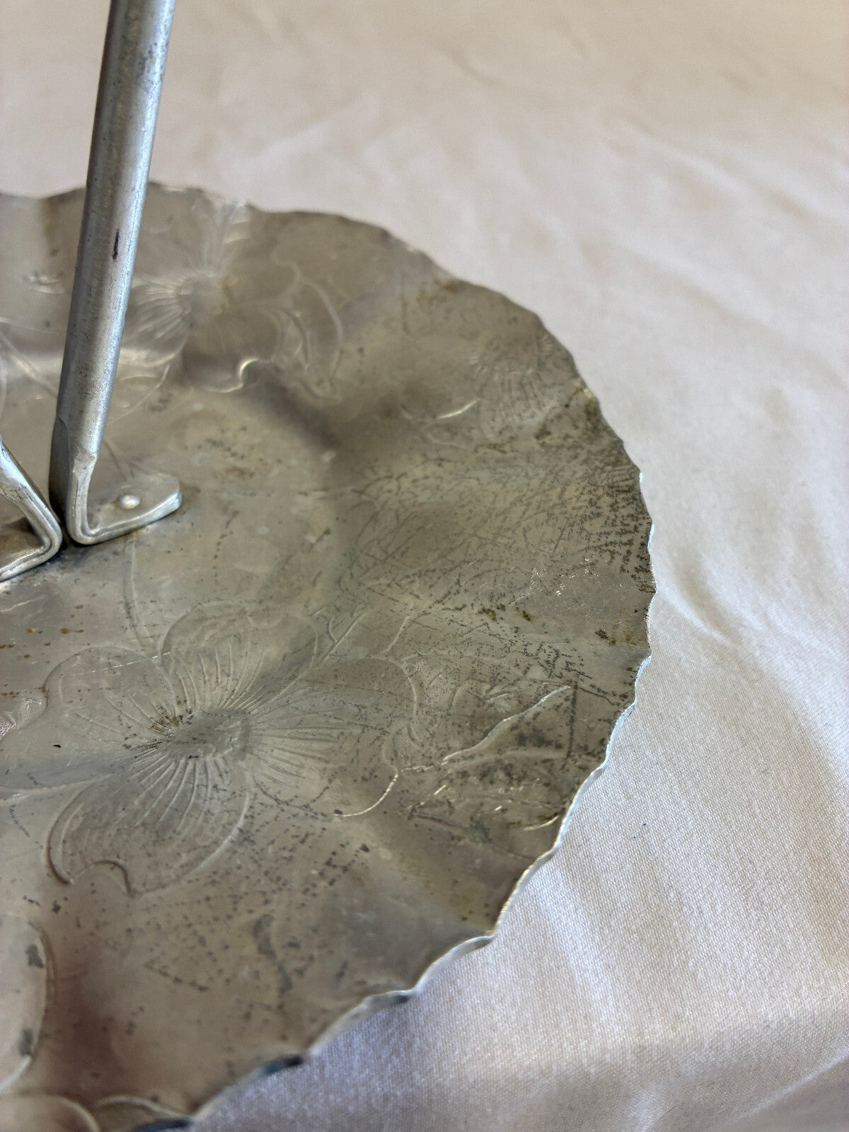 Vintage Hand Wrought Aluminum Handled Tray | Floral Hammered Serving Dish