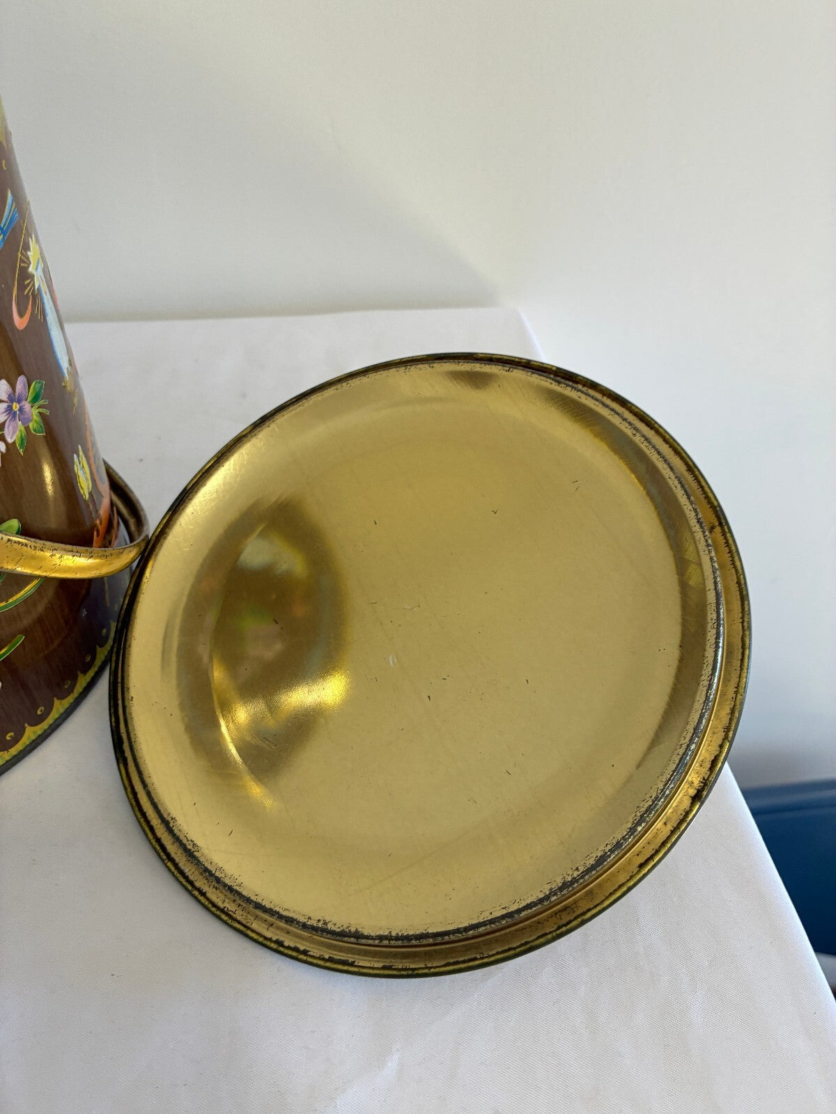 Vintage Daher England Tin with Handle and Lid, Clock Spinning Wheel Roses