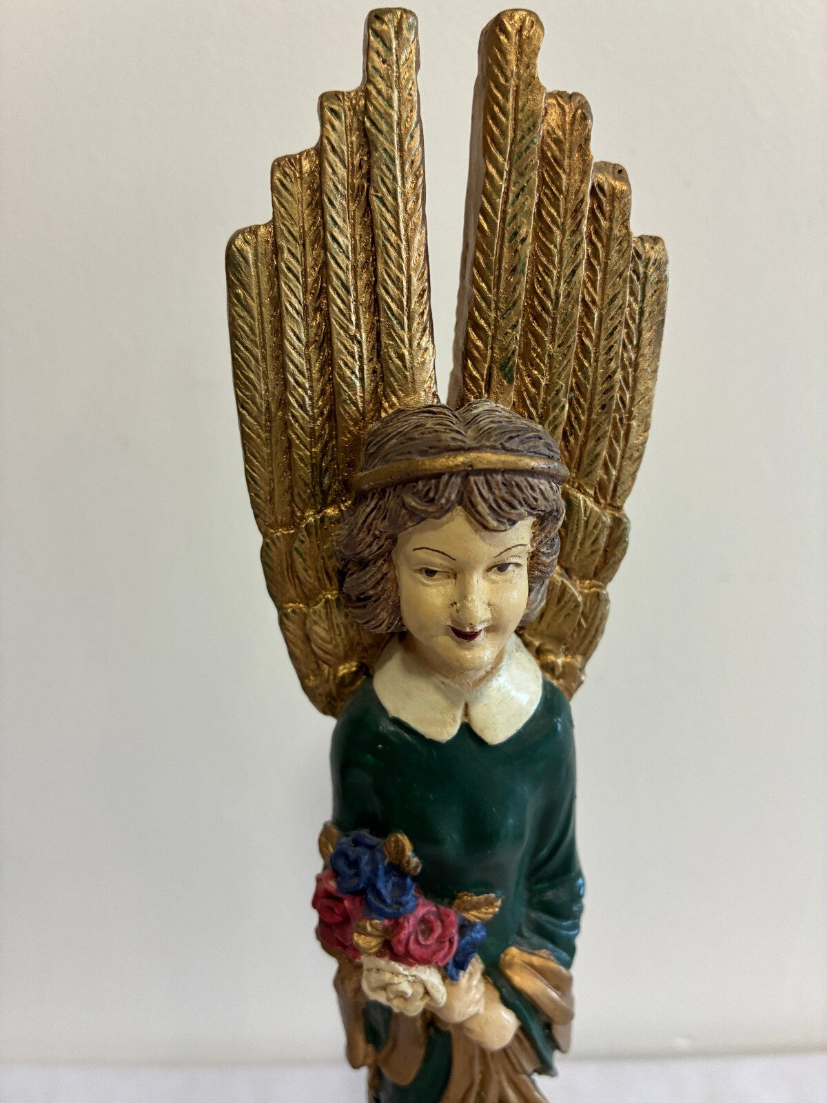 Vintage Carved Angel Figurine with Gold Wings, Painted Statue with Flowers