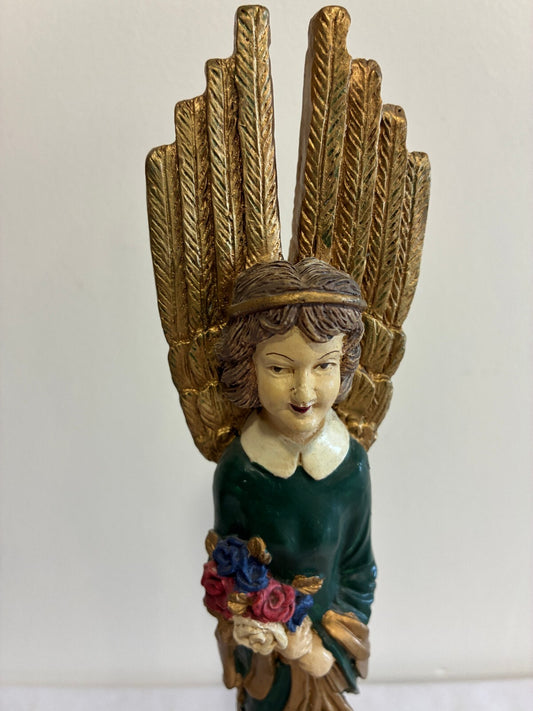 Vintage Carved Angel Figurine with Gold Wings, Painted Statue with Flowers
