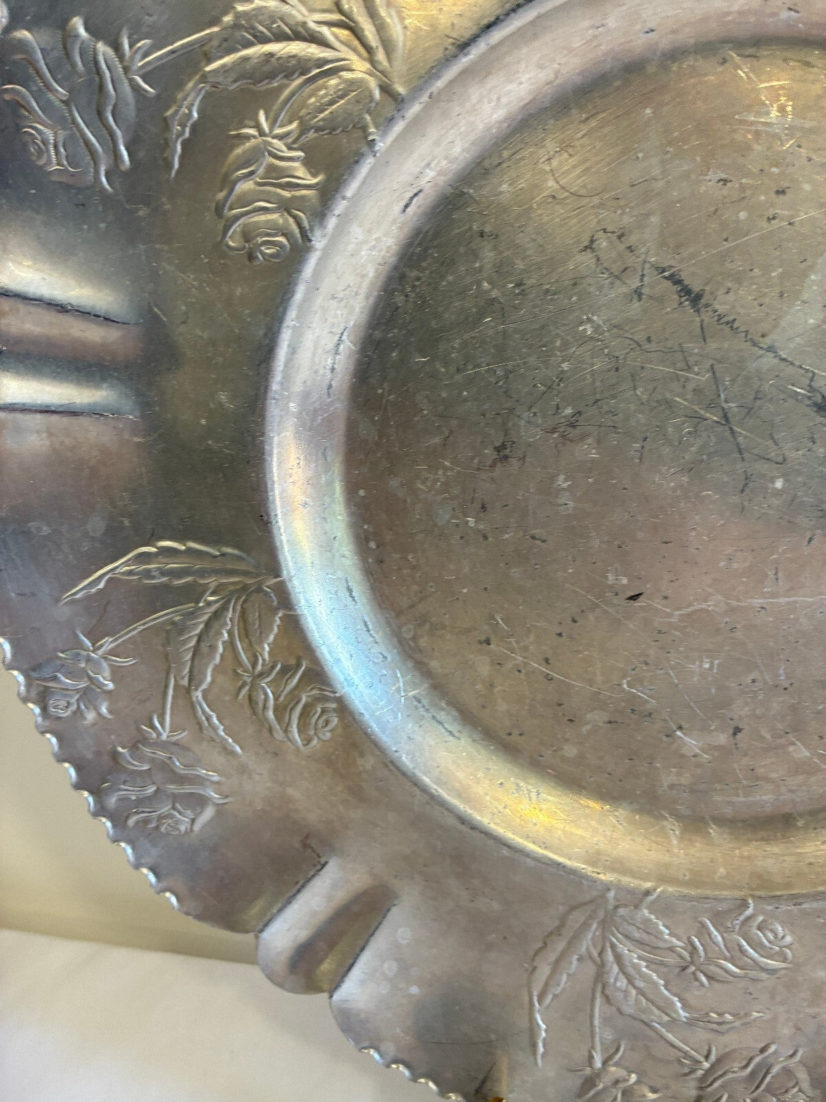 Vintage Hammered Aluminum Tray | Hand Chased Rose Design Ruffled Rim