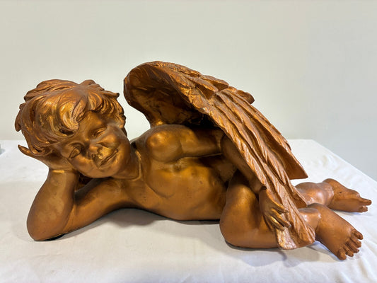 Reclining Cherub Statue, Gold Plaster Angel Sculpture, Large Putti Figurine, Hollywood Regency Decor, Shelf Accent