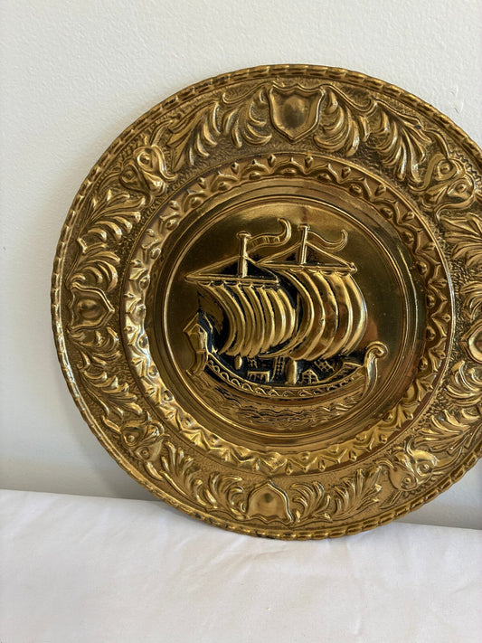 Vintage Pair of Embossed Brass Ship Plates, Made in England, Nautical Wall Decor