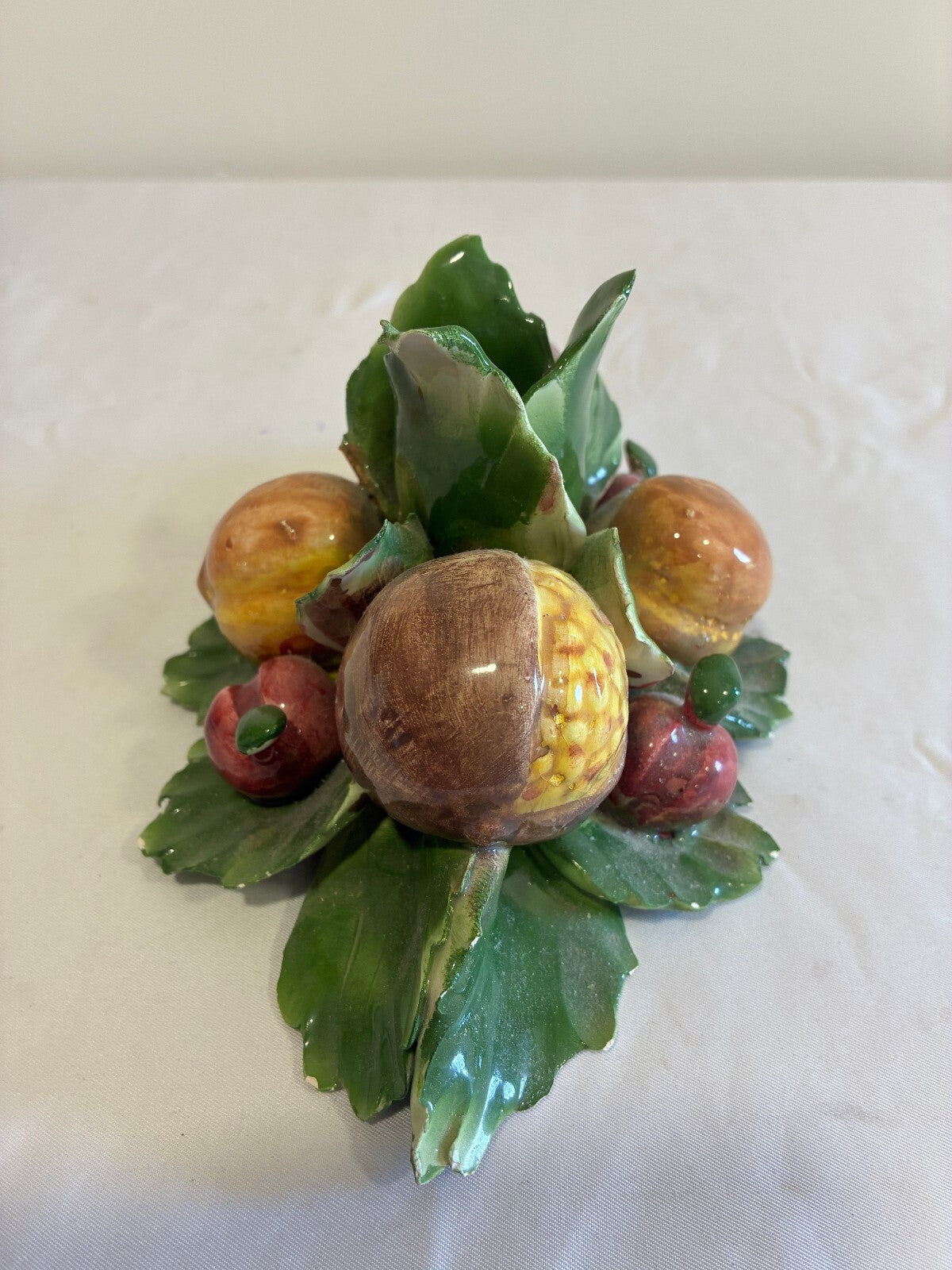 Vintage Capodimonte Italian Porcelain Fruit Taper Candle Holder | Hand Painted Fruit & Leaves | Made in Italy Centerpiece