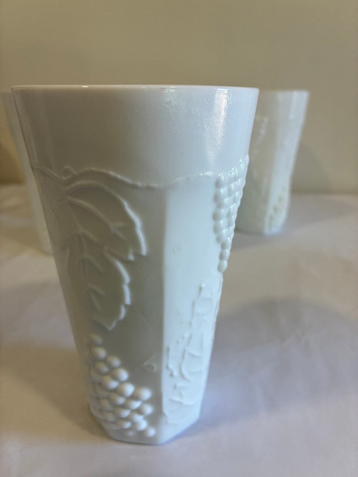 Vintage Milk Glass Tumblers Set of 9 Grape Vine Pattern White Drinking Glasses