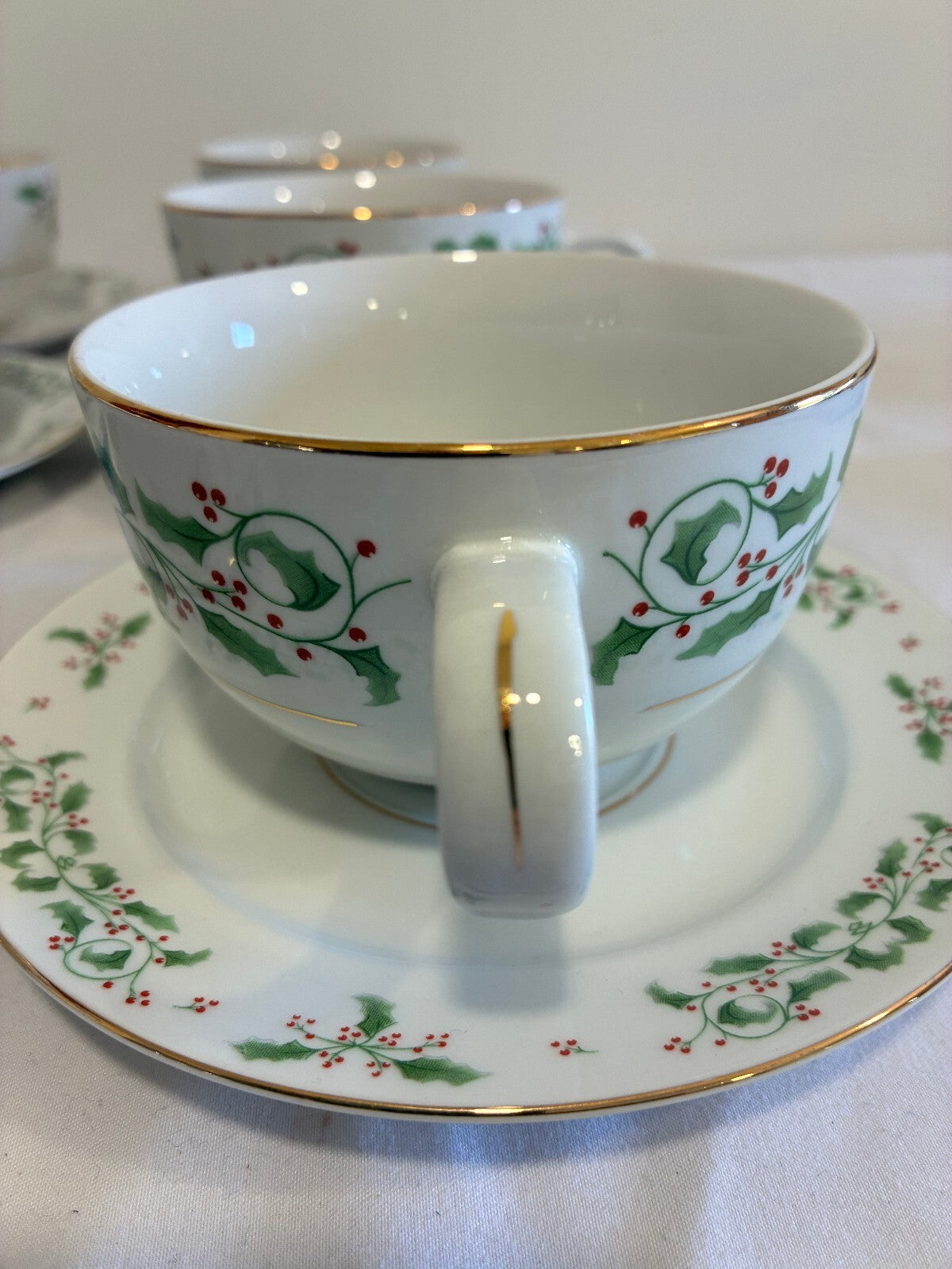 Vintage Gibson Everyday Christmas Holly Cup and Saucer Set of 6, Holiday China