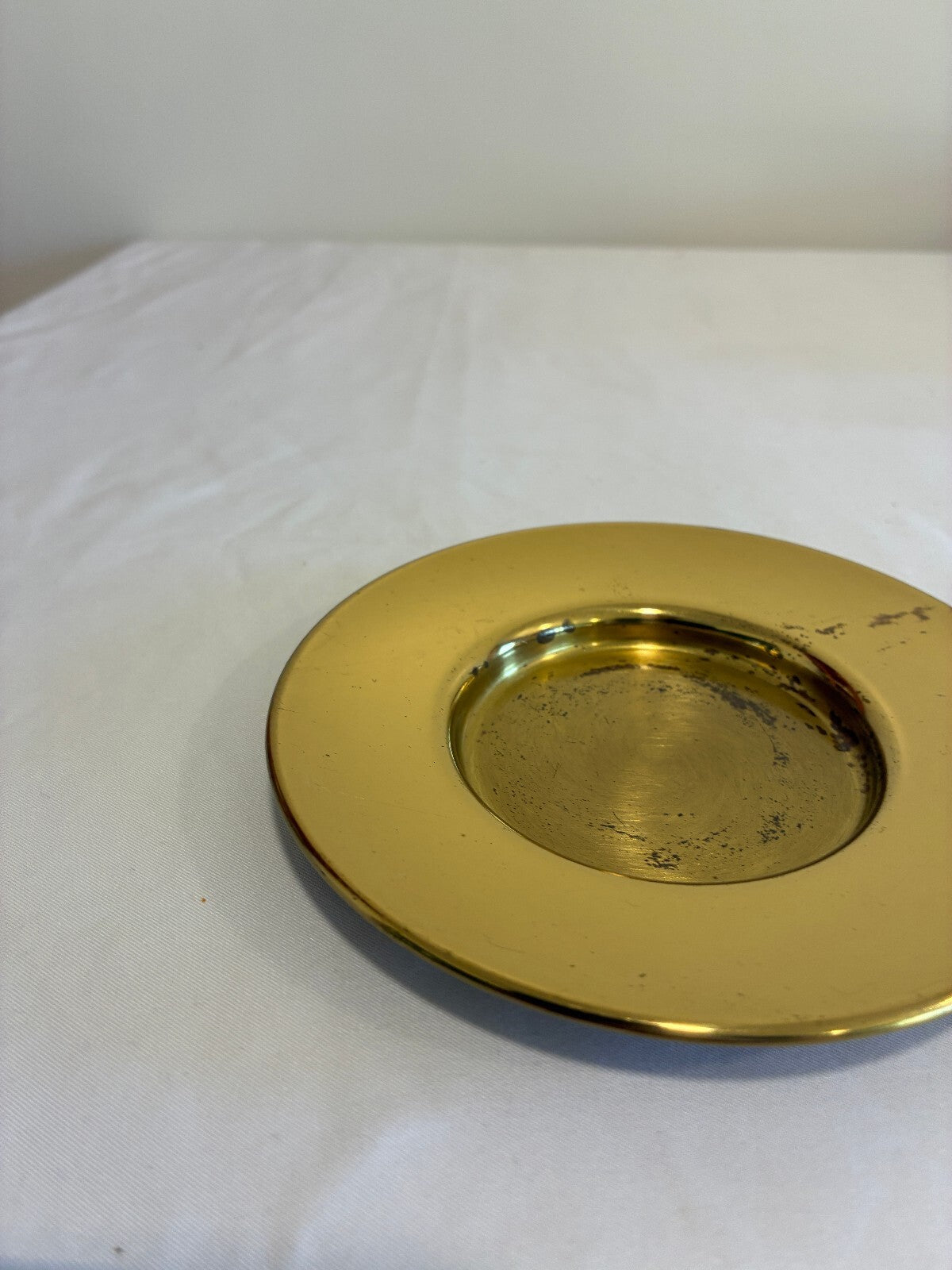 Vintage Solid Brass  Candle Holder Round Brass Trinket Dish Mid Century