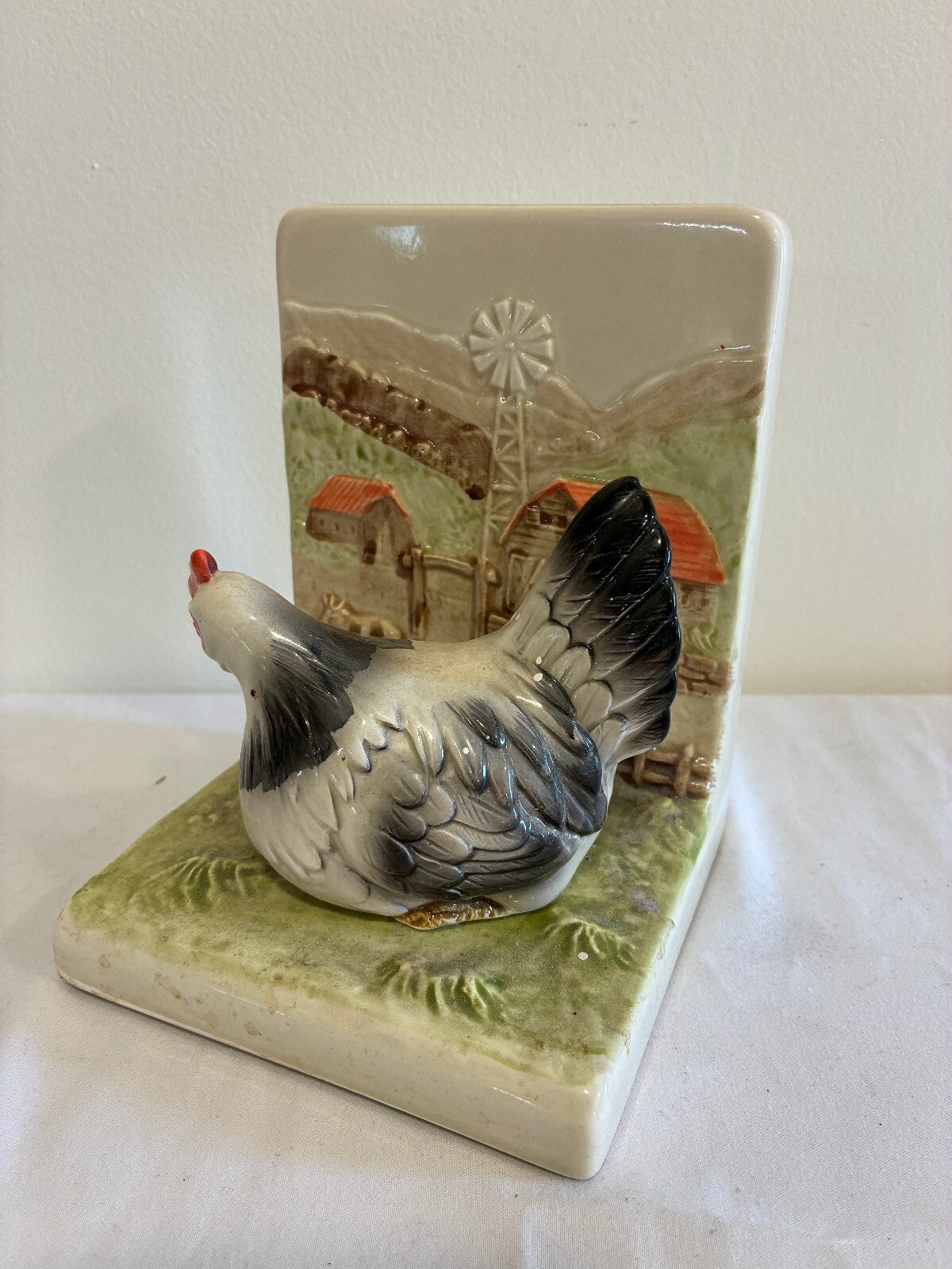 Vintage Otagiri Ceramic Hen Bookend | Hand-Painted Farmhouse Scene Chicken
