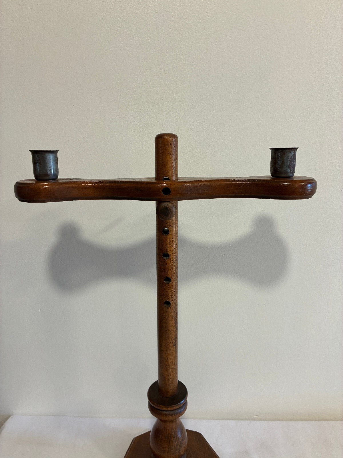 Vintage Wooden Adjustable Height Double Candlestick Holder | Rustic Turned Wood