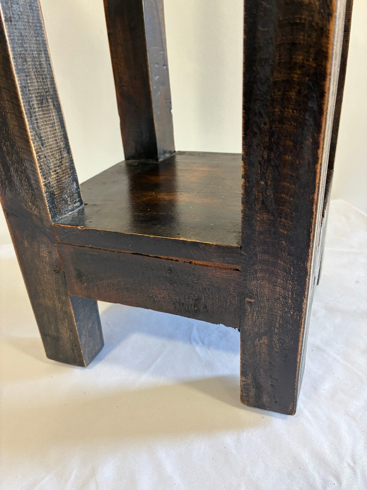 Rustic Solid Pine Wood Plant Stand | Two Tier Dark Wood Side Table