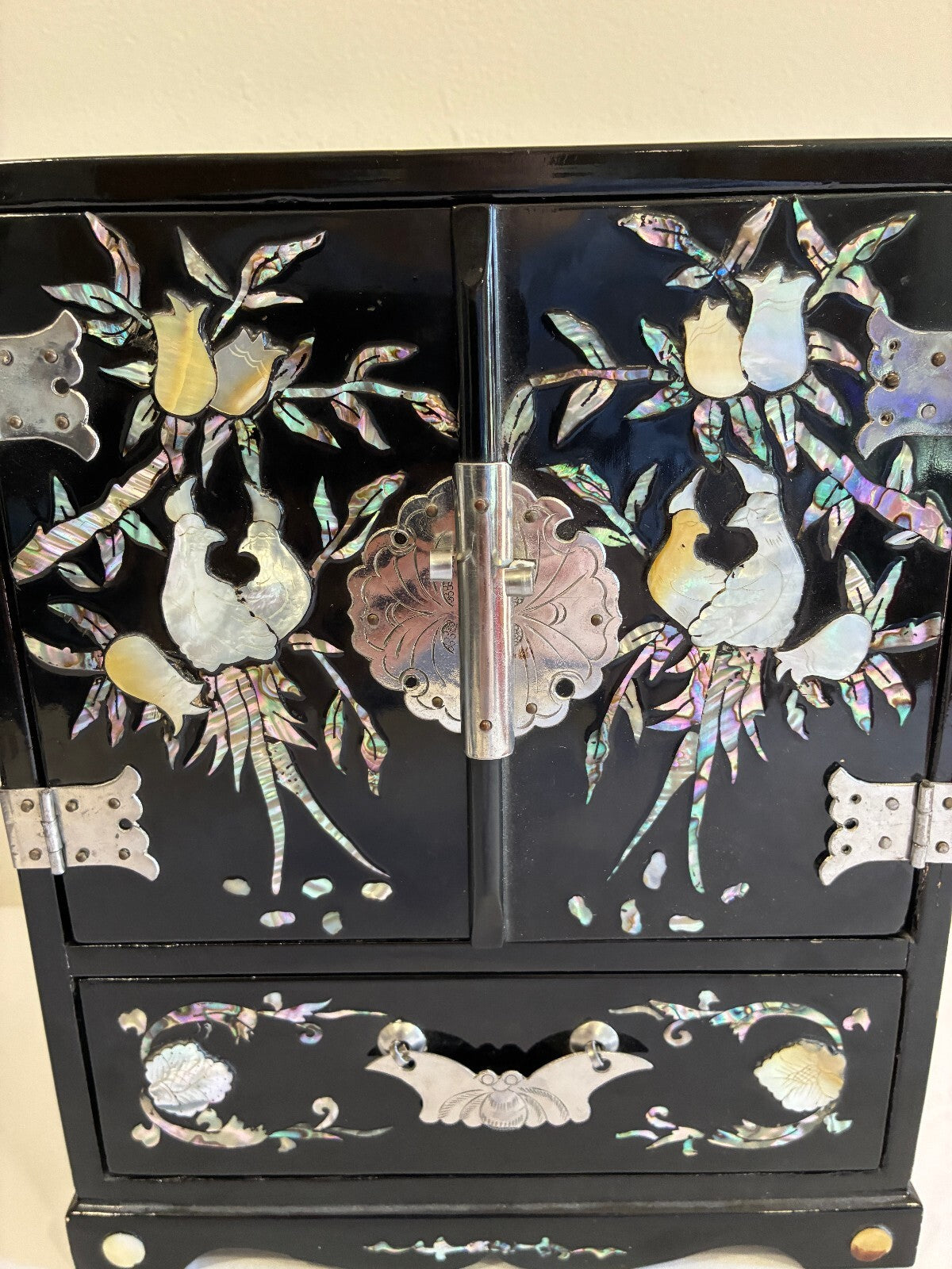 Vintage Black Lacquer Mother of Pearl Jewelry Cabinet | Asian Bird Floral Inlay